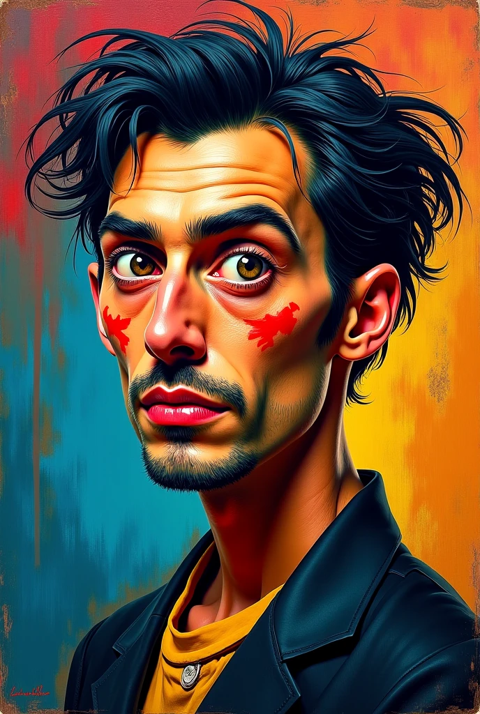 Beautiful clown sad circus man, detailed emotional expression, very big red nose, tear in the eyes, tramp clothes