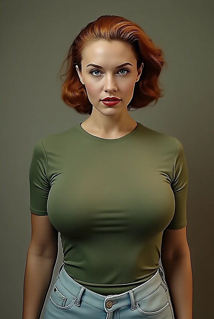 Brunette woman with bob hair and a green turtle neck shirt with a sexy and hot underwear, a photo by Allan Linder, flickr, pop art,  hair, 60s style, 60 s style, Audrey Hepburn, 1960s style, retro 60s fashion, poppy,  cut, medium brown brunette hair, Bob, brown hair, sexy pose, hot and sexy girl, medium breast, lovely eyes, red background, erotic photography, sexy photo, wet and wild
