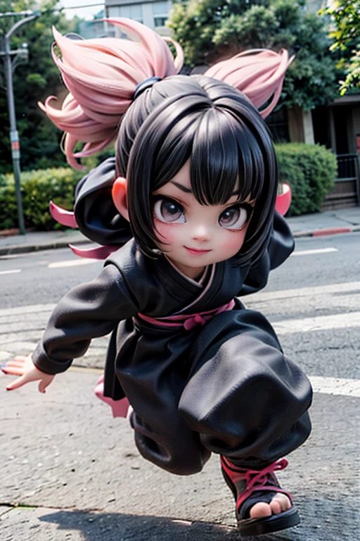 masterpiece,best quality,3dmm style,3d,1girl, solo, kamado nezuko, ribbon, hair ribbon, japanese clothes, gag, long hair, long sleeves, very long hair, standing, bit gag, kimono, black hair, forehead, pink kimono, multicolored hair, white background, bamboo, pink ribbon, chibi, simple background, checkered sash, gagged, sash, pink eyes, mouth hold, brown hair, obi, full body, looking at viewer, open clothes, wide sleeves, sleeves past wrists, bangs, parted bangs, gradient hair, two-tone hair, black jacket, jacket, zouri