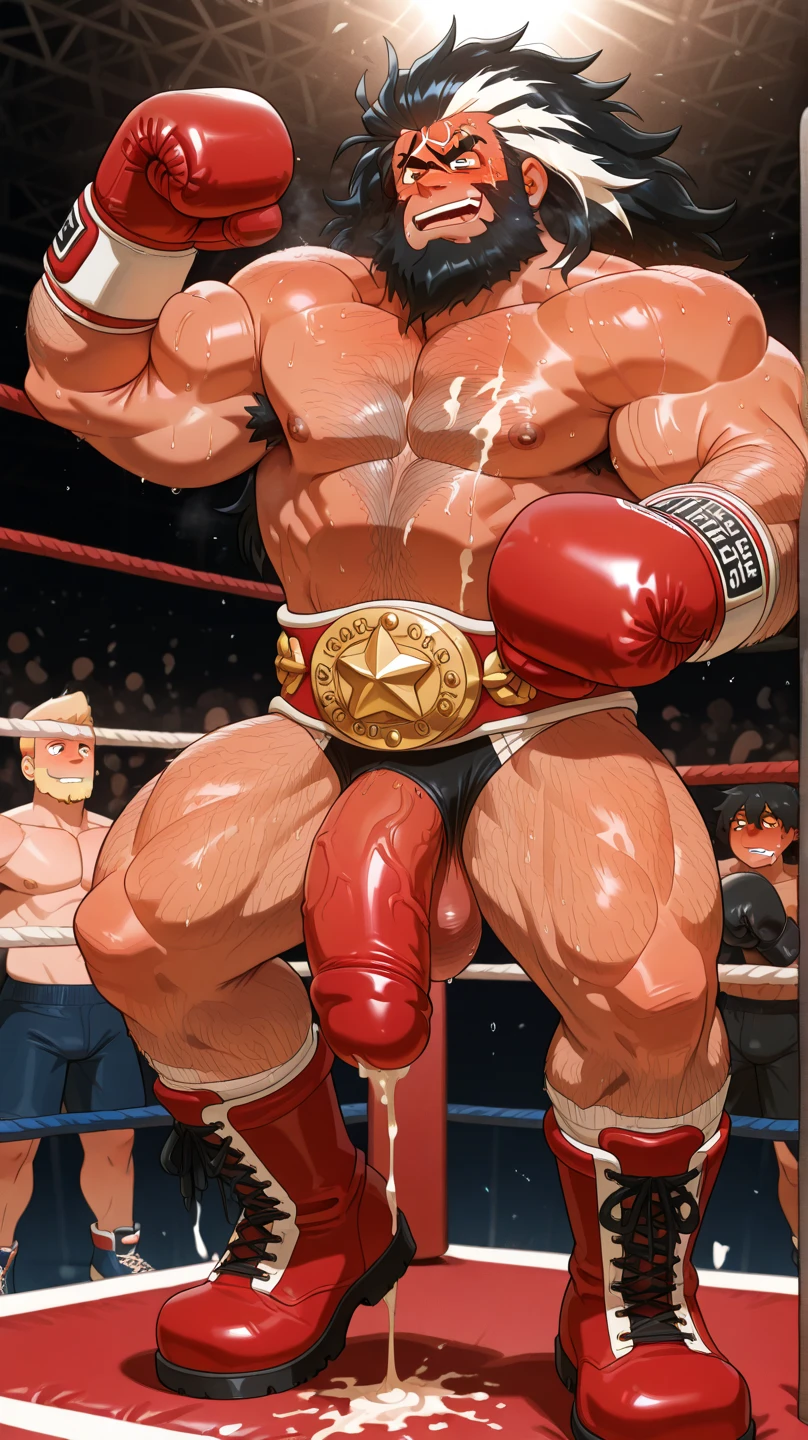 Super muscular boar beastman,(Wear a uniform:1.2),Painful expression,Open your mouth and stick out your tongue,Some guys cum in my face,(Surrounded by a huge penis, Red and black erect penis),(A lot of semen on the face:1.3),wrestling,(Anal Sex),(Nipple ring piercing:1.3),Cumshot from huge red and black penis,(Masked:1.5)