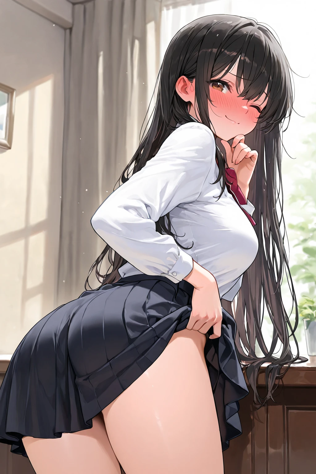 (masterpiece, highest quality:1.2), 1 girl, alone,Are standing_Split, Yuki Mikan, long hair，black无袖短背心，pink skirt，black