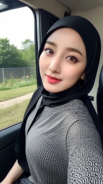 woman wearing a scarf and a necklace in a car, malaysian, dilraba dilmurat, hijab, with beautiful exotic, shawl, faridah malik, siya oum, zenra taliyah, head scarf, inspired by JoWOnder, with cute - fine - face, inspired by Nazmi Ziya Guran, wearing a head scarf, asian face, scarf, undress clothe, big tits