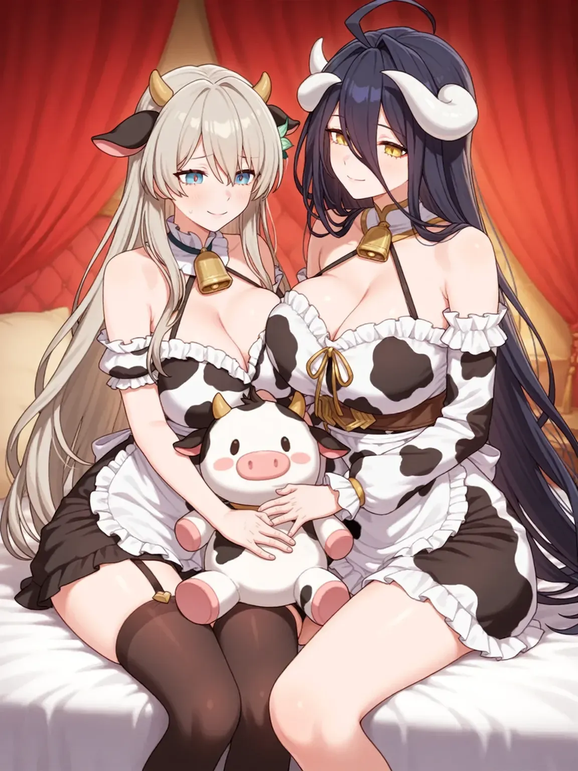 score_9, score_8_up, score_7_up, score_6_up, depth of field, blurry background, 
2girls, milf, (cow horn), (cow ears), bell collar, oiled, (long breasts:1.2), sagging breasts, (dark areola:1.2), long nipples, erect nipples, (puffy nipples:1.4), (dark nipples:1.2), long nipples, (arms behind back), (cow print thighhighs:1.4), (cow print elbow gloves), pussy juice, hairy, kneeling, nude,
sweaty, seductive smile, heavy breathing, nipple slip, long hair, brunette, (sweat), blush, black hair, bimbo, tanned, open mouth, tongue out, tan, dark skin, 
grabbing breasts, breastfeeding, suckling, lactation, (goat:1.4), goat sucking breasts,