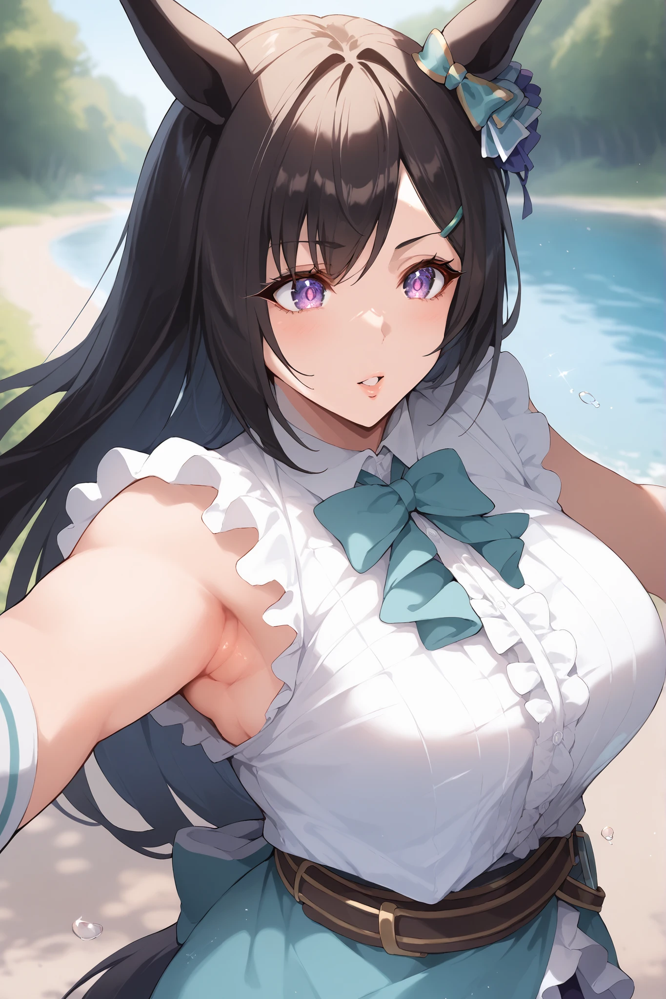 ((Best Quality)), ((masterpiece)), (detailed), 1 girl with a short floral dress with a neckline and blue hair ,Brown hair, Brown eyes, a landscape of a park, big breasts, ((Front view))