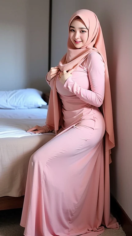 Young malay 20 years old wearing hijab, pink pastel color hijab, naked, nighttime, front view, , small sagging breast, , slim, slim abs, small waist, big hips,thick thighs, bright lighting, white lighting, detail skin texture, wrinkles, mole below eyes, bokeh, ((sitting on bed)),sexy body, exposed breast, wearing detailed hijab, realistic skin, seductive pose, seducing, bend over on bed, saggy breast, sagging small breast, looking viewers, soft focus face, magazine cover,