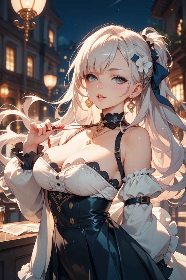 ((nsfw:1.2))((dress_default, terrific_default)):1.5,((solo, 1girl)) ((masterpiece,Highest quality,Highly detailed images,Beautiful images、Realistic、Dutch Angle)), (Bright lighting overall、Backlight、A fantastic atmosphere、Thick Fog、Dust flutters),(Dynamic pose、Looking up、Beautiful cleavage、large breasts)1.2, ((Beautiful starry sky:1.5、shooting star、Rooftop:1.2))((Flipping the fabric on the chest、Pick up clothes、One pink nipple is visible、Shy expression))、Black sleeves