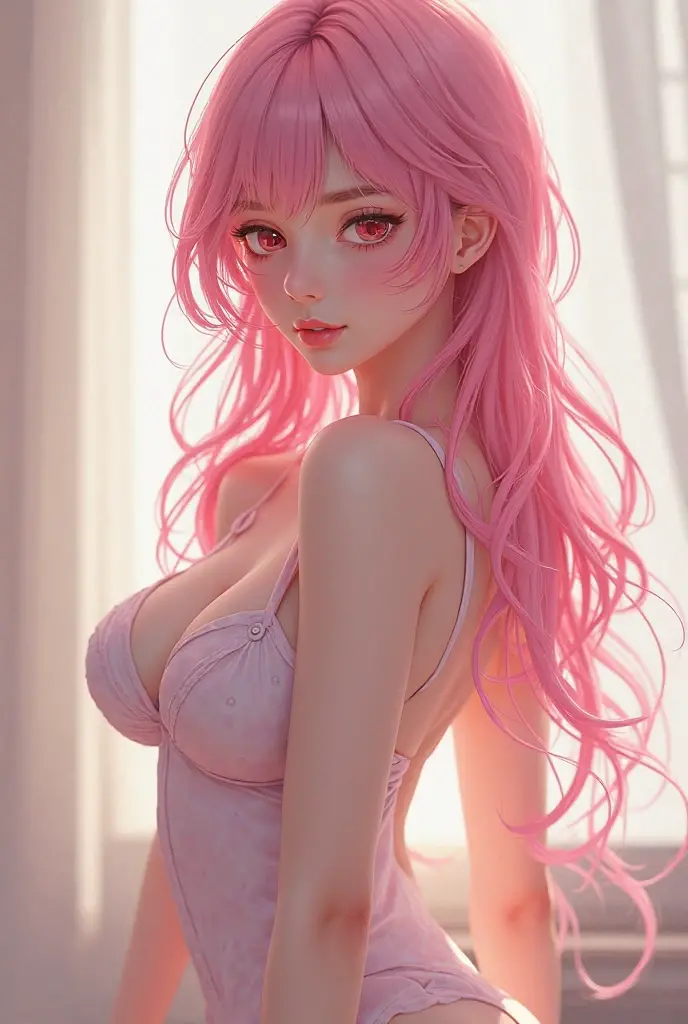 detailed aqua eyes, pink hair, (aqua eyes), Official art, Unity 8k Wallpaper, Ultra-detail, Beautiful and aesthetic, masterpiece, Best Quality, 1girl, big tits, Extremely detailed, elegant, vivd color, romanticism, arms behind back, street fashion, shiny skin, sexy pose, ((pink background)), heavy blushing, upper body, straight on, (cleavage), funky graphic design, (((anime style))), portrait, 