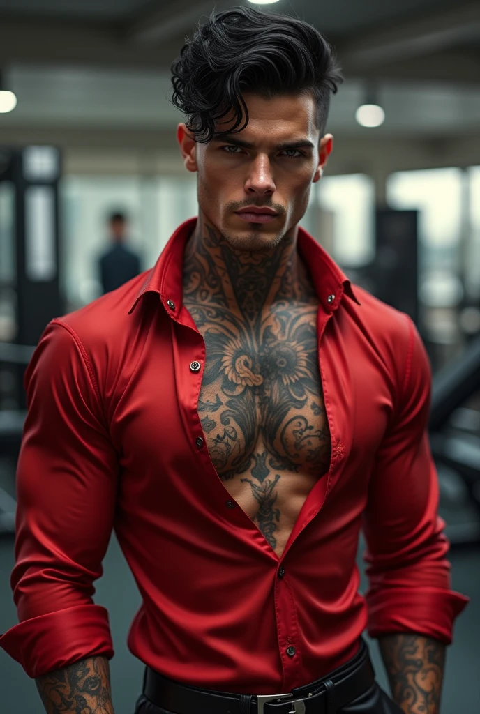 (absurdres, highres, ultra detailed, Ultra HD), a muscular handsome man, (wearing (ruby red colour open silk shirt) and black pants), (tattooed chest: 1.2), ruby red hair, short hairstyle, large bare chest, largest breast, extremely large pectorals, big nipples, detailed face, perfect facial features, smooth skin, beautiful, gorgeous, wet, mature, perfect eyes, sexy gaze, looking at the viewers romantically, (chest tattoos only), full body view,