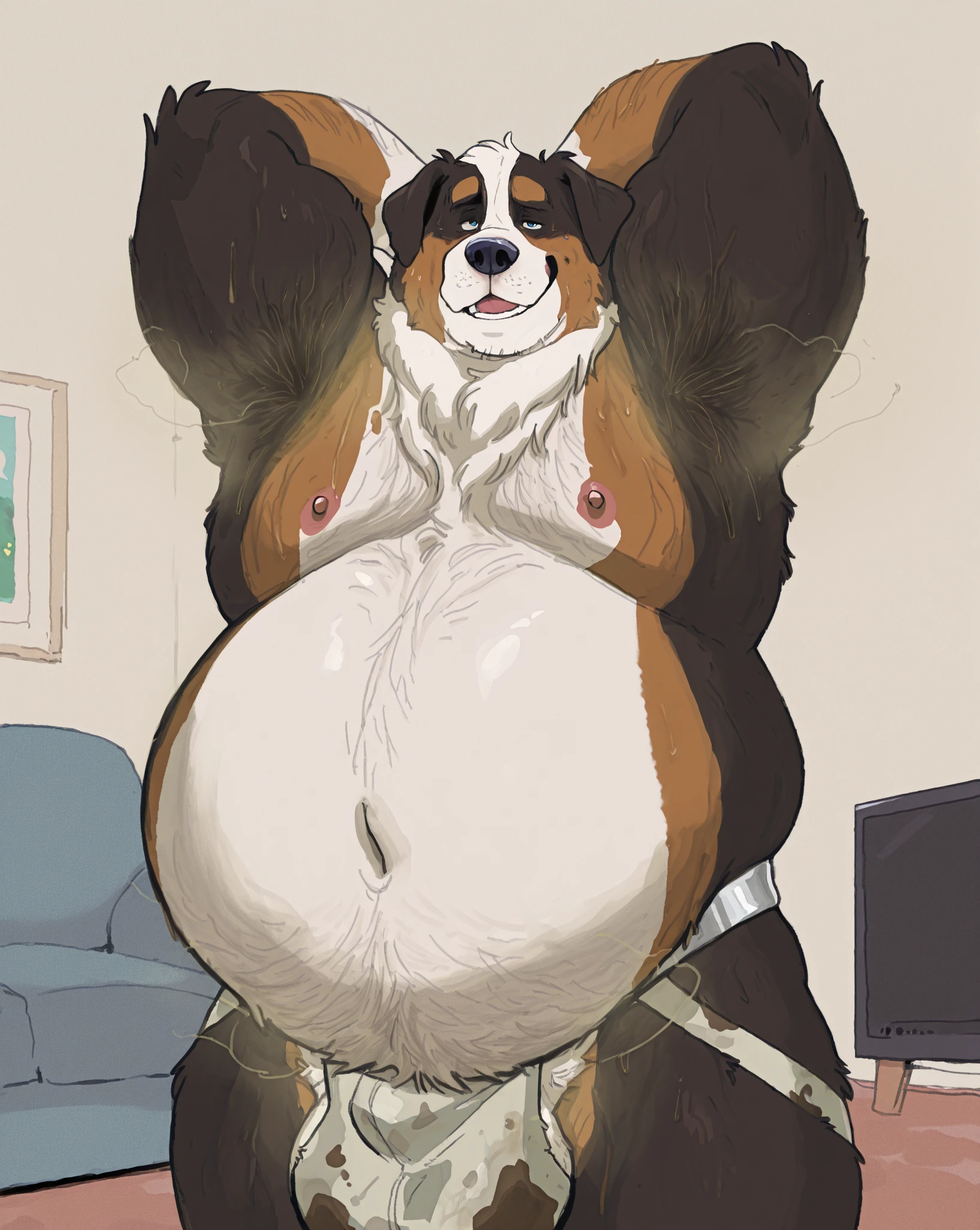 By bebebebebe, by lostgoose, by goonie-san, female, ((canine, snout, hair covering eyes, straight hair, medium hair, flat hair, ears, thin snout)), brown fur, big poofy tail, raised tail, dark maroon hair, ((muscular)), (big breasts), solo, ((sexy, excited, open mouth, happy)), hands behind head, squatting, pastel artsy background, nude, nipples, vagina