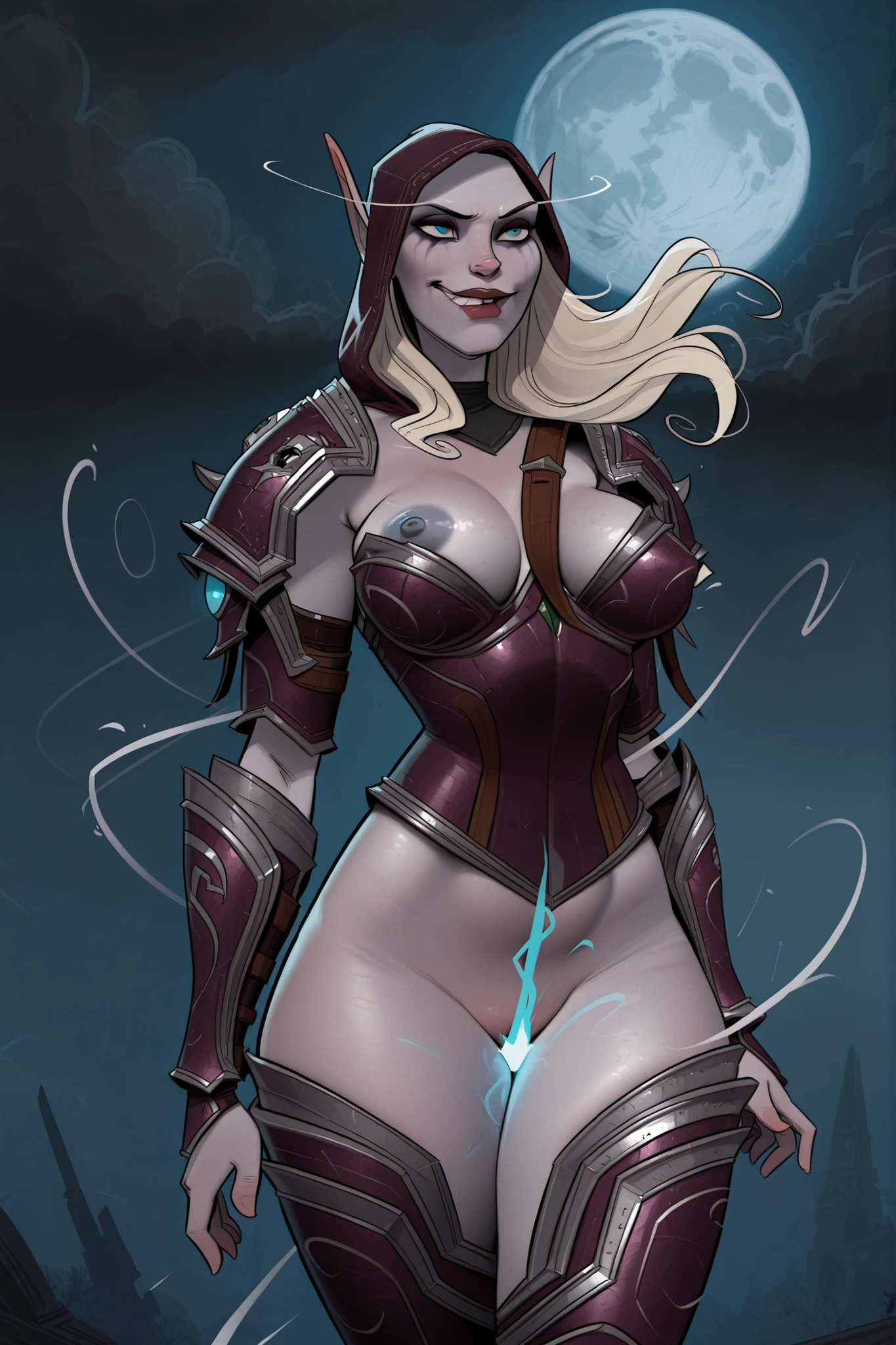 masterpiece, high quality, ultra-detailed, Incase art style, bold clean linework, supernatural cartoon aesthetic, 1girl, Sylvanas Windrunner, ethereal transformation, hovering in night sky, perfect hourglass figure, large firm breasts with glowing blue nipples, toned stomach, thick thighs partially ethereal, smooth pale skin with ghostly luminescence, iconic leather and bone armor dissolving into spectral mist, strategic pieces peeling away revealing nude form beneath, armor fragments floating and disintegrating, ethereal chains unwinding sensually around body, glowing blue banshee energy swirling between thighs, flowing white-blonde hair weightless in supernatural wind, long pointed elf ears, glowing blue eyes with trailing energy, parted lips with slight smirk, face expressing dominant sexuality and power, perfect makeup with ethereal glow, body transitioning between physical and spectral, lower half dissolving into wisping smoke, ghostly tendrils caressing exposed breasts and thighs, banshee energy wrapping intimately around curves, partial transparency revealing inner glow, flying through stormy night sky, full moon backdrop, lightning in distance, swirling dark clouds, ethereal blue energy trails following her form, dramatic rim lighting from moon, ghostly blue highlights on skin, deep shadows in partially corporeal areas, perfect erotic composition, smooth gradient shading, supernatural atmosphere, specular highlights on remaining armor