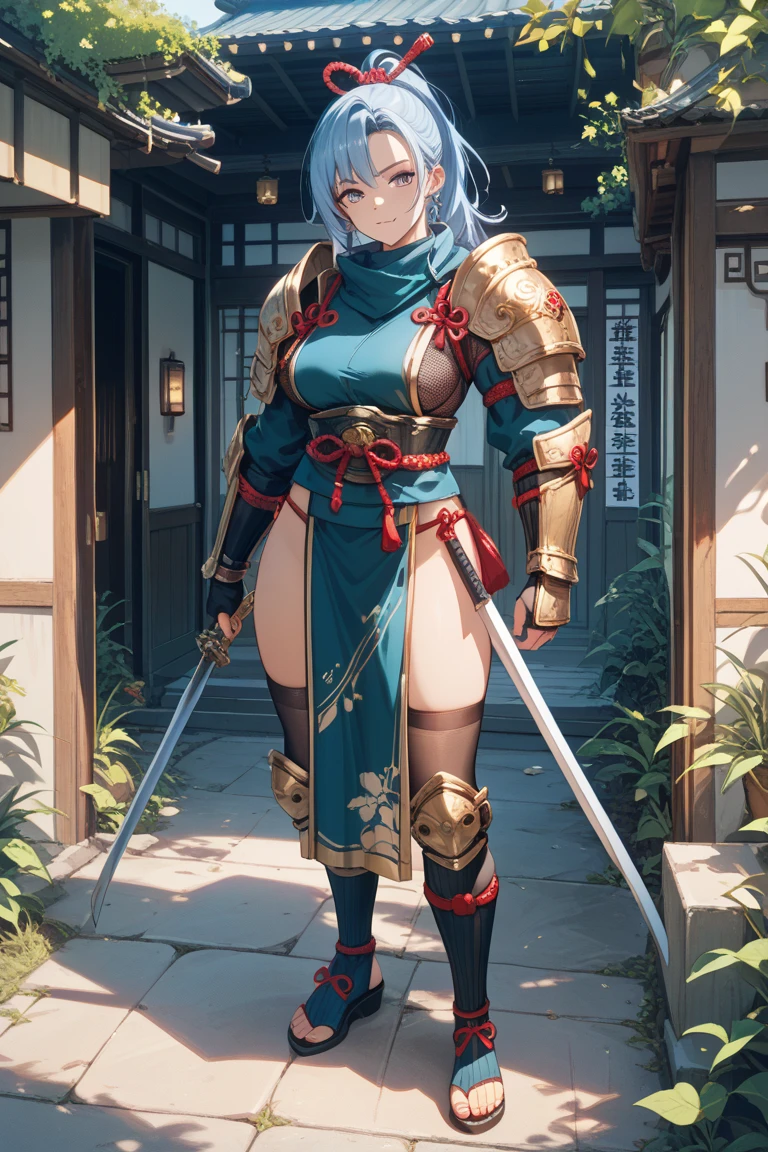 1girl,solo,super detailed skin,shiny skin,wet oily skin,expressionless face ,eyelashes,lips gloss,pale blue hair,short straight hair,sidelocks,large breasts,straight katana,Japanese armor , Japanese chest armor ,Japanese knees armor,wide-angle lens, cowboy shot,simple background ,masterpiece,best quality,ultra detailed,high resolution,sharp focus,depth of field