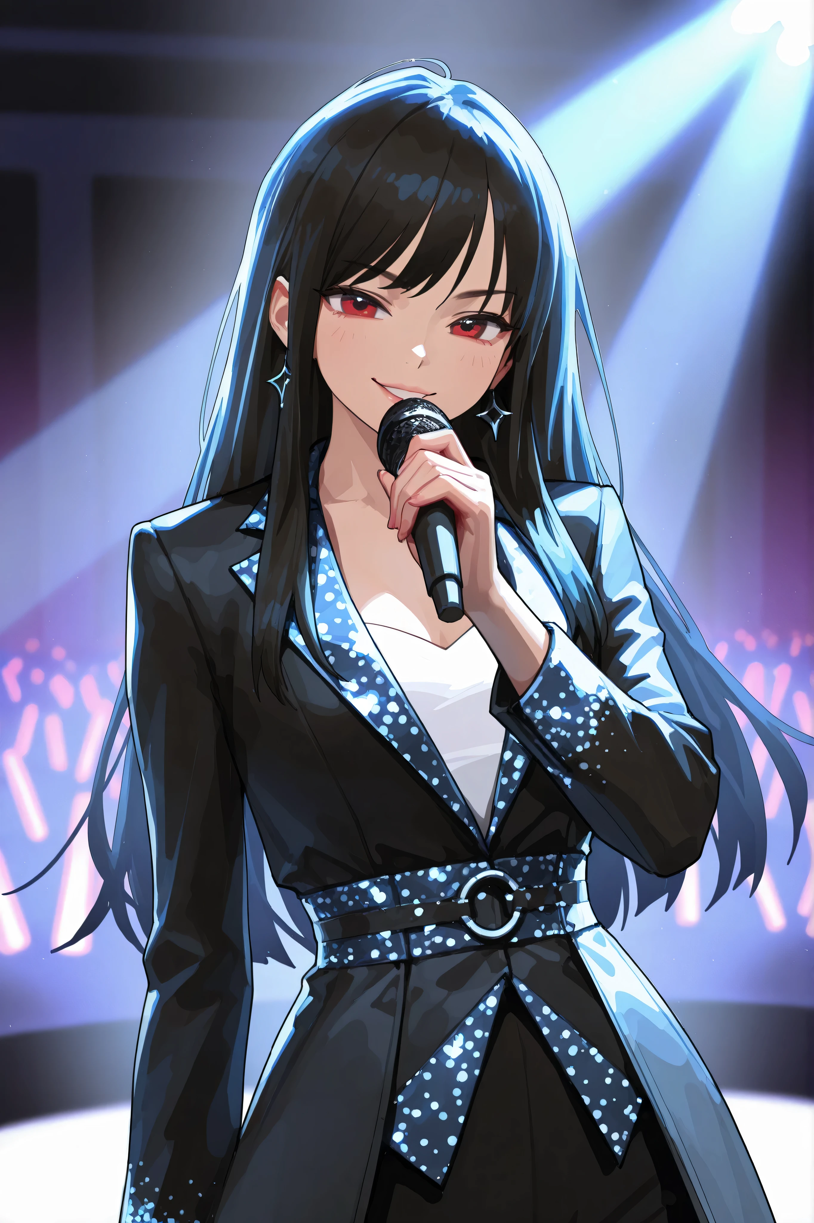 female,  black hair, waist-length hair, Red Eyes, arrogant smile, gorgeous stage costume with a black suit, On stage, celebrity, idol, K-POP idol, Maine rapper, Hand microphone, high resolution on the coast, studio lighting, vivid color, blurry background, high definition, rich detail, lighting effect, animation-like