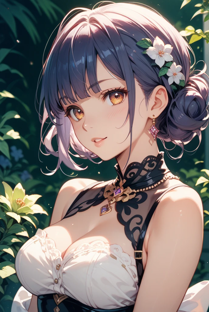 Ultra-realistic 8k CG，masterpiece，（（Super detailed background，Exquisite pattern，Intricate details）），best quality，非常非常详细的Face，非常详细的眼睛和Face，Very detailed eyes，（（Showing collarbone）），Section Chief Ren，Colorful hair，No bangs，Hair intake，Purple Eye，Feather，Butterfly，belt，（Tropical Garden：1.2），Purple flowers，mostly cloudy Sky，Sunlight，Tyndall effect，slope_Sky，Face，beautiful Sky，Charming pose，（Large Breasts:1.4)，（cleveage:1.3)，（Off-shoulder dress:1.7)