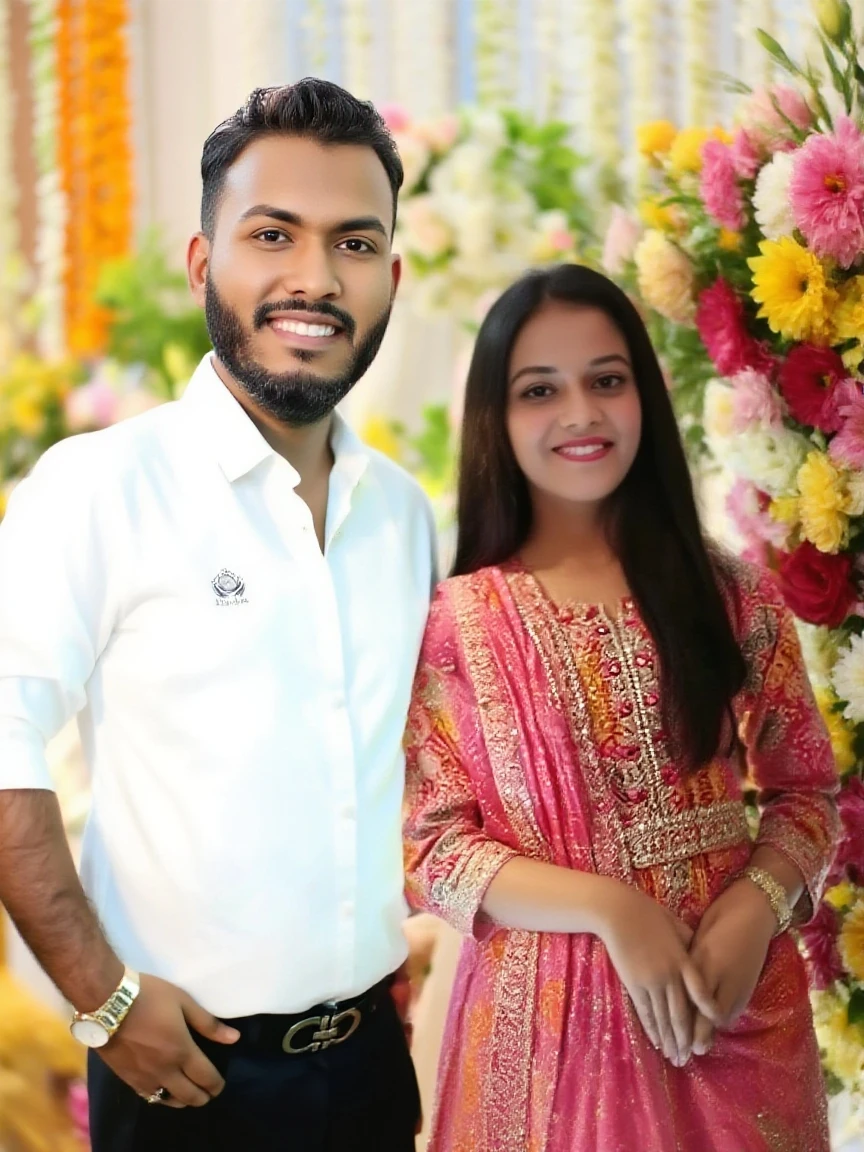 Create a realistic picture of a 2 beautiful young couple standing close to camra the boy wearing white tshirt and black pant looking toward the gril with smiling face and the girl wearing Red bride dress looking to the face of boy while smiling . the name 'afnan ' should be written on biy shirt and name 'Kainat' should be written on girl dress at chest.