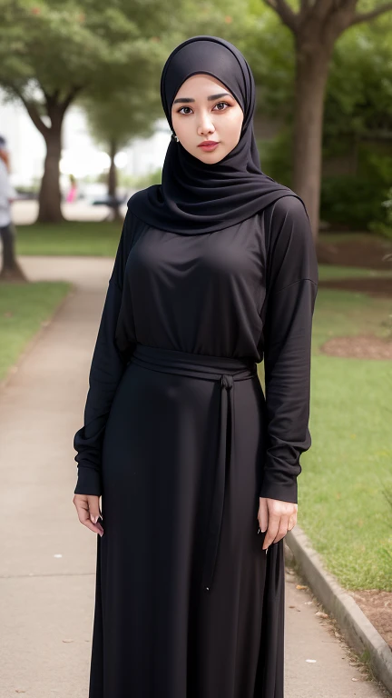 A beautiful Asian girl in a long hijab with tight and clearly visible breasts, In tight black clothes, He was hugging himself sideways, and good quality images