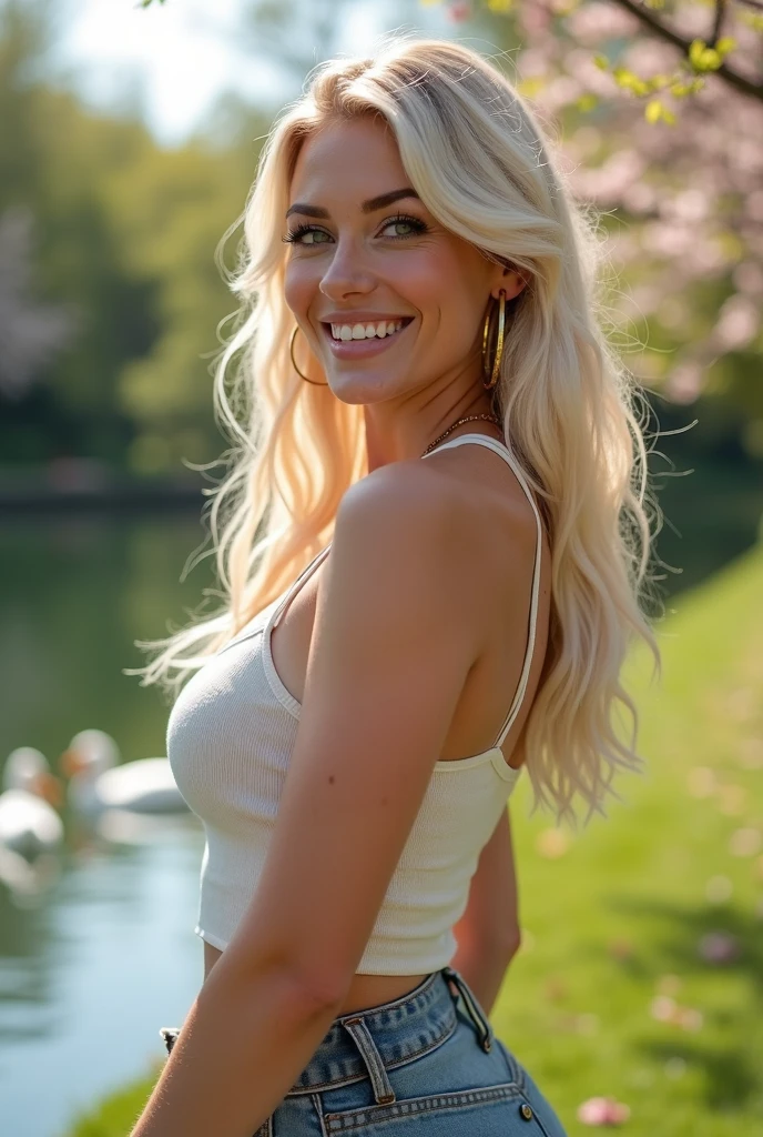 RAW full-body beautiful, sexy photo-model, highest Quality, (masterpiece), (Maximum level), Detailed light, large breasts, long blonde hair tied back in a ponytail, blue sparkling eyes, smiling, 20 years old, model appearance, she is dressed in a tight-fitting crop-top (cameltoe) and short hot-pants, Clear focus, outdoors photo, Complex details, High detail