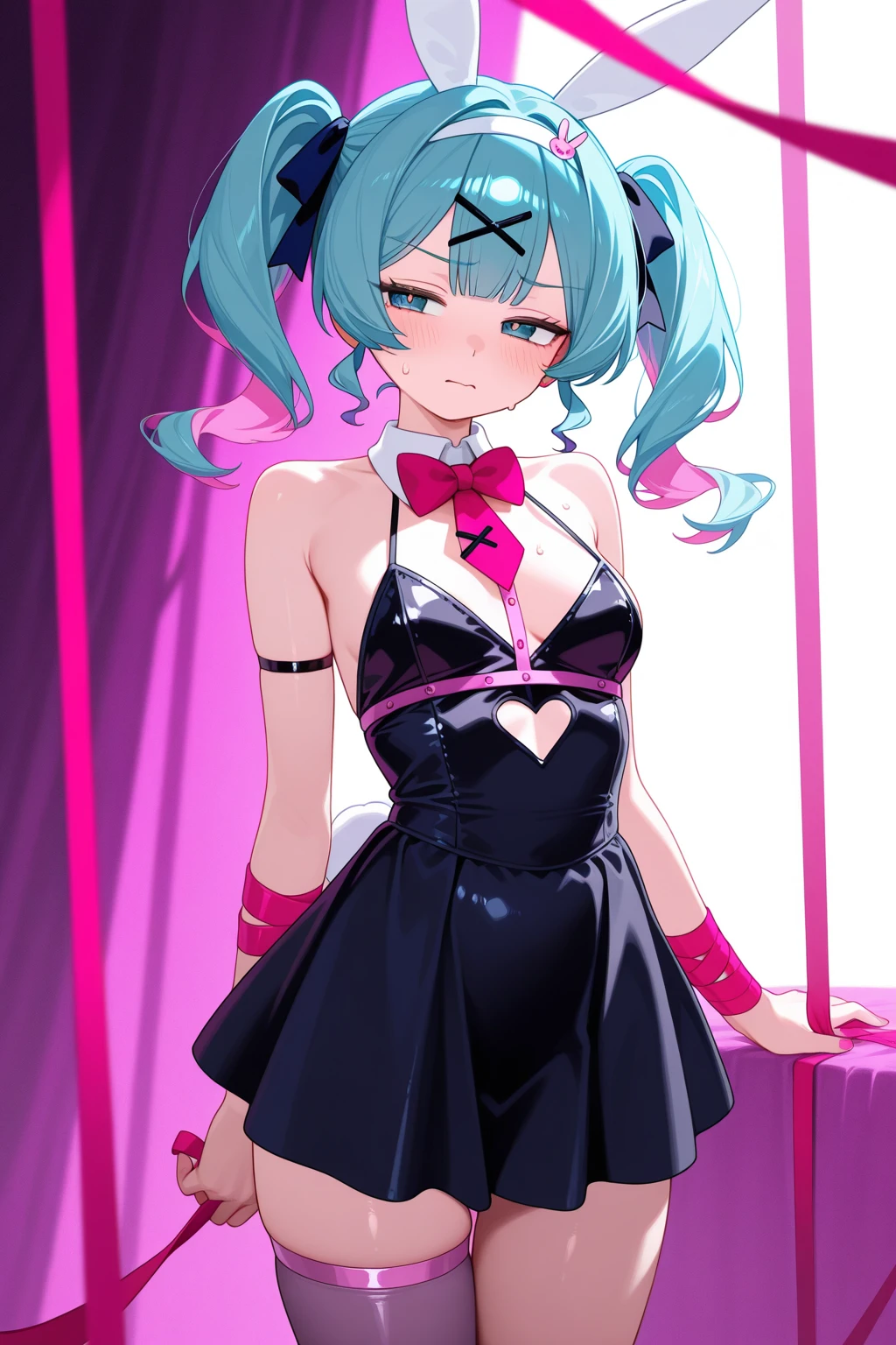 Illustrator, anime , Realistic ,sketch , 1 person, model, Age 25, lip, Sexy and skimpy playboy bunny,rabbit ears, black rabbit ears, fake rabbit ears, pantyhose, black pantyhose,bowtie, wrist cuffs, black leotard, order, Blue and pink gradient background, Neon Ponytail Hair, Big Breasts, Her cleavage is visible, look back, Upper Body, Sexy look, Texture Trim, Russia, (masterpiece,Highest quality)