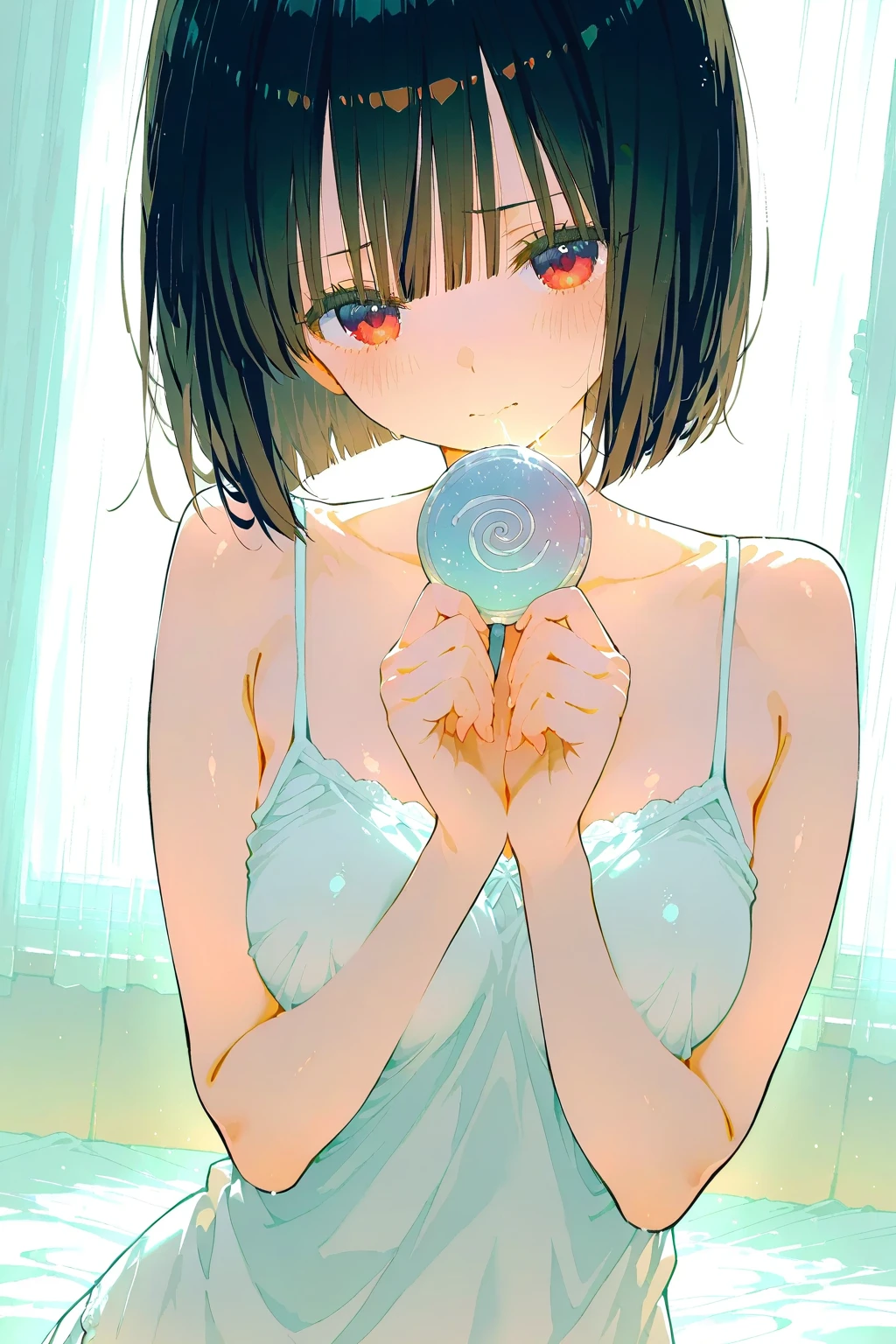 1 female、black hair、blue eyes、dense lips、white bra、See-through、off shoulder、holding strawberries in your hands、inside the house、window sill、sunshine masterpiece、ultra high resolution、perfect lighting、16K