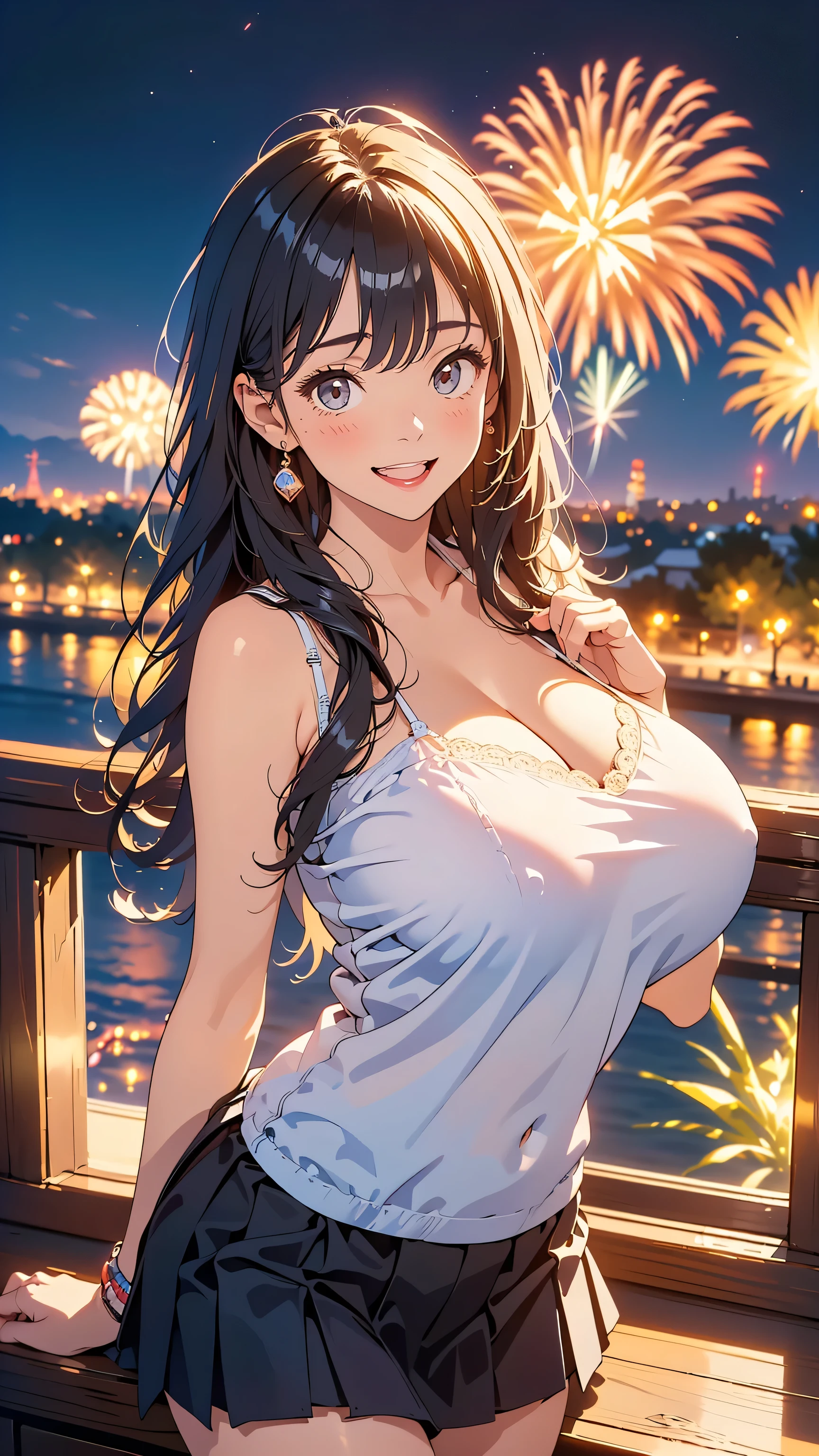 fourth of july ,block party, night, fireworks (Two beautiful girls holding a banner with text "happy", "july", "fourth"," ❤️") connie maheswaran (left side, Fit woman with dark skin, an oblong-shaped face, vivacious black eyes, a narrow convex hooked nose, perfect square body, black eyes, long black hair, toned, curvy hips, dragonbraid and a firm chest wearing a blue stars and black stripe print summer dress ); and sassy ( right side, an african-american-Caribbean woman, voluptuous, curvy, strong, shortie, sensuously cool, braided black hair, soft heart-shaped face, concaved Nubian button nose, heart-shaped physique, heart hips, glasses, heterochromia wine and brown eyes. Wearing a orange stars and black stripe print mini summer dress), Perfect characters perfect hands, perfect Face, perfect eyes, perfect physiques, dynamic perspective, ultra absurdres, ultra-detail, screencap, beautiful aesthetic, extravagant composition, hdr, uhd, sharp gradients, deep highlights, 8k, 2.5d, cel-shaded, ray tracing, masterpiece, best quality, high extravagance, high exposure, depth of field, ultra background, detailed smooth textures, 
