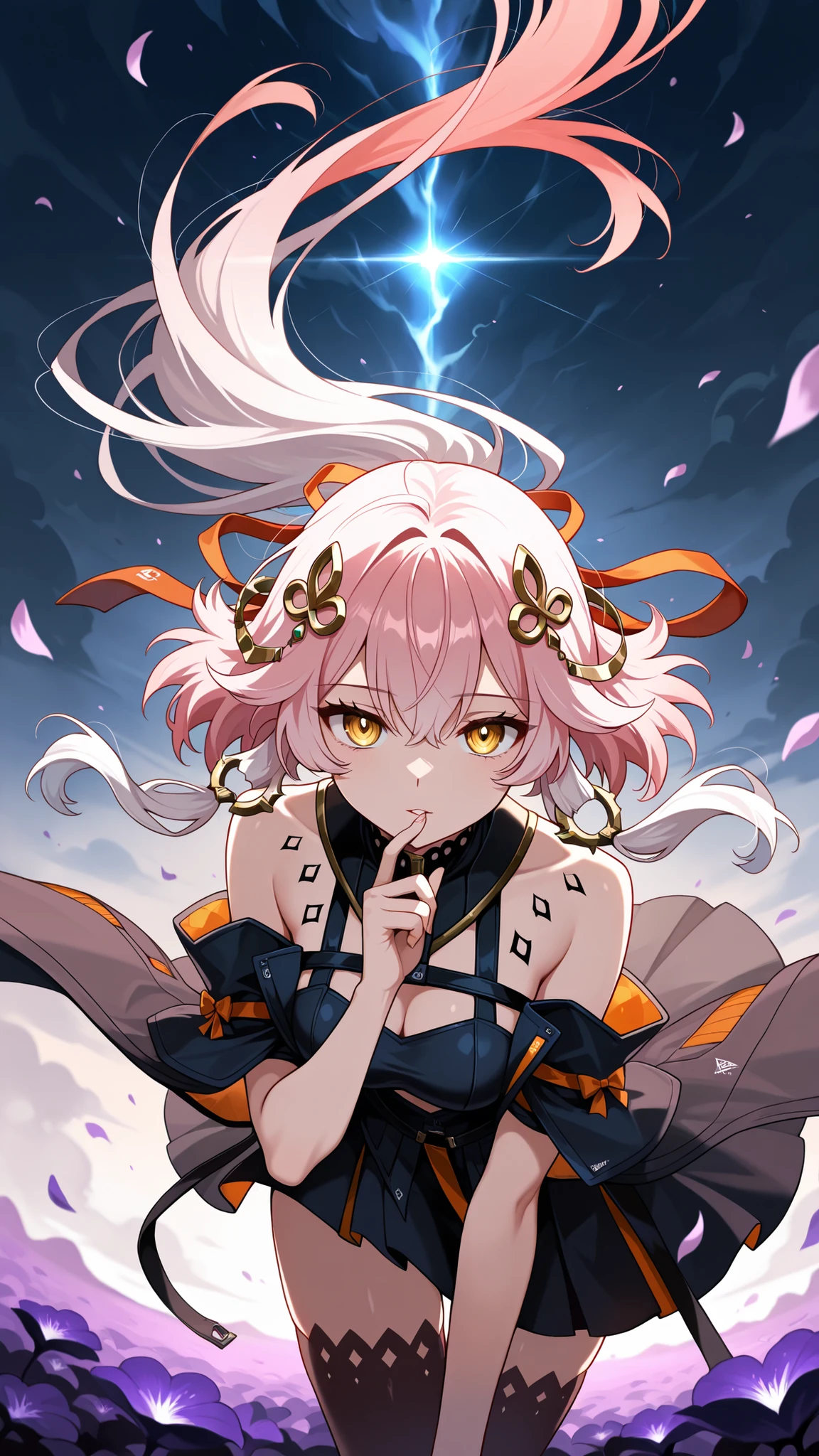 BREAK (masterpiece:1.2), best quality, high resolution, unity 8k wallpaper, (illustration:0.8), Dark poppy field under swirling storm clouds,
wind violently shaking the flowers,
dust and petals in the air,
ominous tension, anime cinematic style,
by CoMix Wave Films, detailed, changli-wuwa,pink hair, white hair, multicolored hair, hair ornament,yellow eyes,long hair,bare shoulder,looking at viewer,cowboy shot,wide-angel,floating hair,floating skirt,front photo,bent over to camera,touching lips,