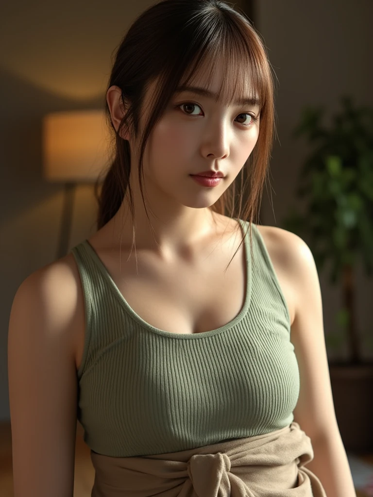 
Japanese beautiful woman, Squatting, wearing black sports  and black leggings, photo realistic, portrait photography, masterpiece