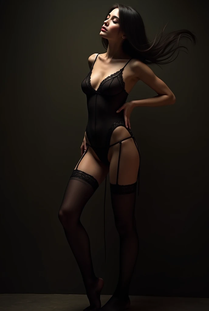 Gothic girl wearing only black panties, fishnet stockings and black sneakers. Small tits and small pink nipples