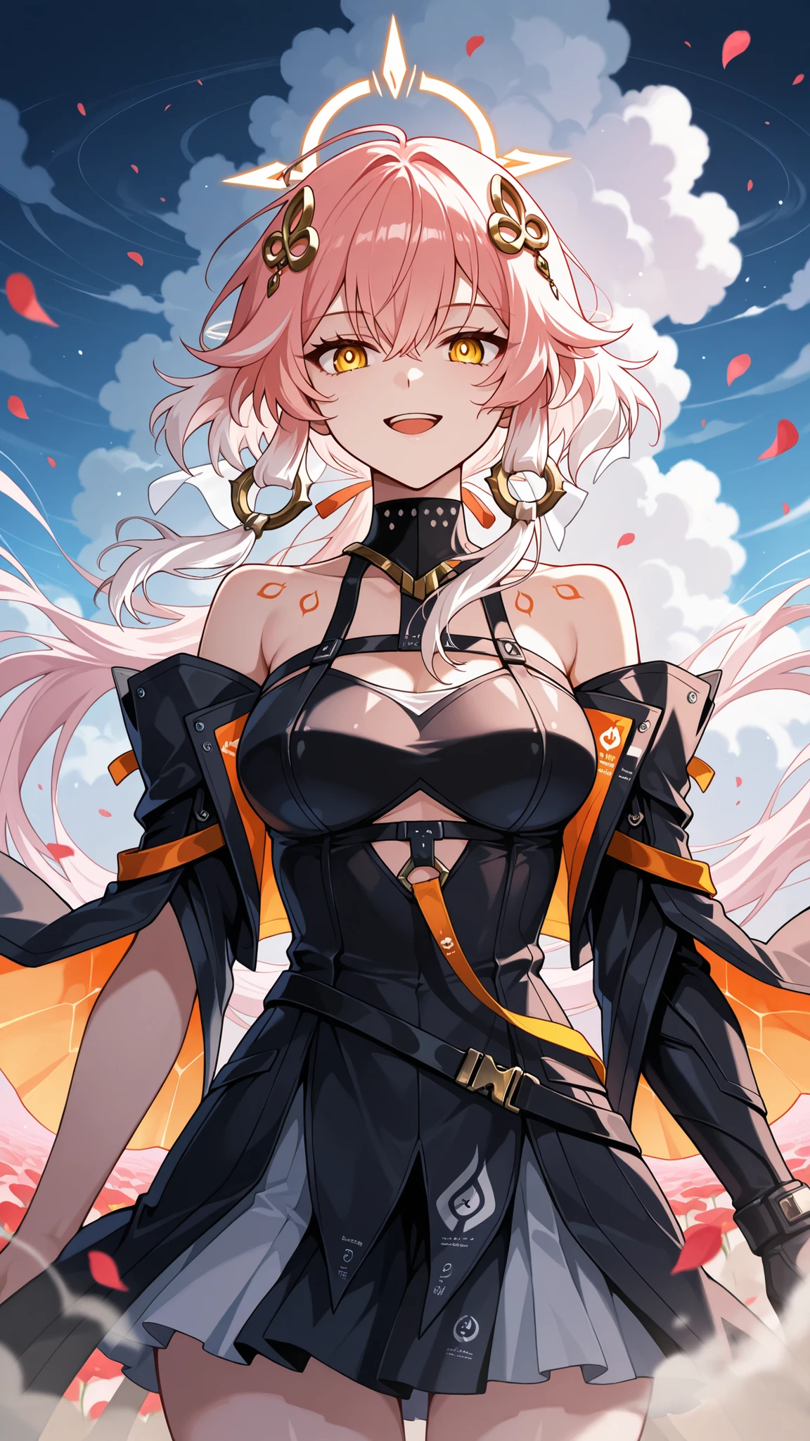 BREAK (masterpiece:1.2), best quality, high resolution, unity 8k wallpaper, (illustration:0.8), Dark poppy field under swirling storm clouds,
wind violently shaking the flowers,
dust and petals in the air,
ominous tension, anime cinematic style,
by CoMix Wave Films, detailed, changli-wuwa,pink hair, white hair, multicolored hair, hair ornament,yellow eyes,long hair,bare shoulder,looking at viewer,cowboy shot,wide-angel,floating hair,floating skirt,smile open mouth