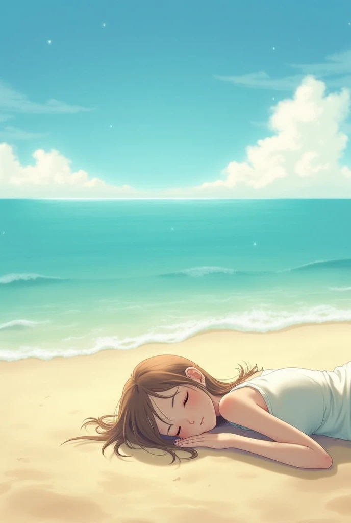 13 year old, pretty girl sleeping on the beach in a hammock, brunette long hair in ponytail , wince, long eyelashes, solid circle eyes, shiny clothes,