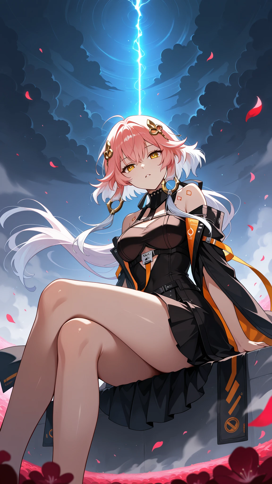 BREAK (masterpiece:1.2), best quality, high resolution, unity 8k wallpaper, (illustration:0.8), Dark poppy field under swirling storm clouds,
wind violently shaking the flowers,
dust and petals in the air,
ominous tension, anime cinematic style,
by CoMix Wave Films, detailed, changli-wuwa,pink hair, white hair, multicolored hair, hair ornament,yellow eyes,long hair,bare shoulder,looking at viewer,cowboy shot,wide-angel,floating hair,floating skirt,sitting,cross legs,from below,