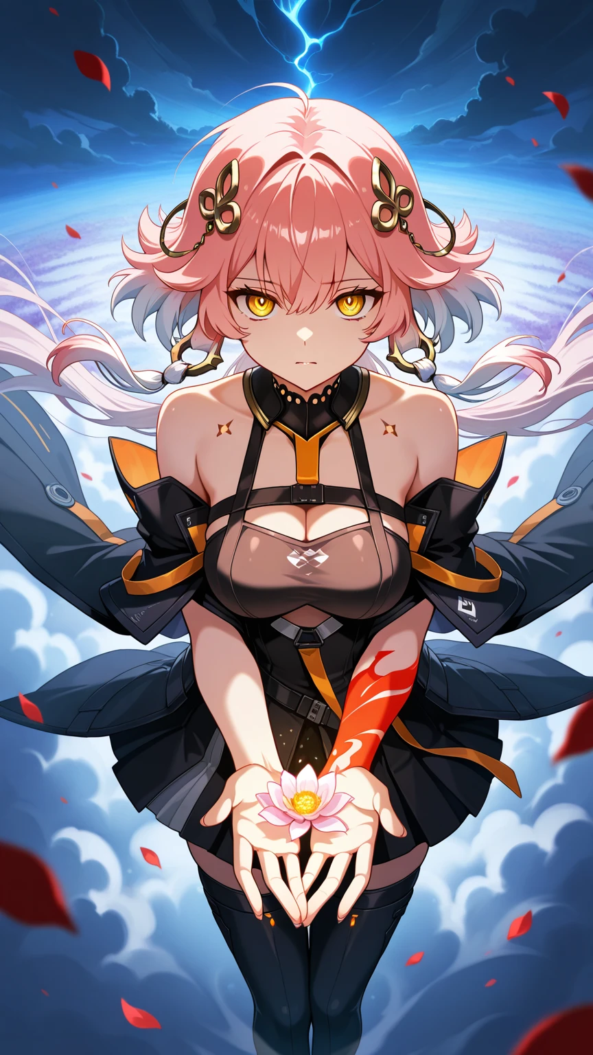 short hair, bangs, blue eyes, hair ornaments, Hair Ribbon, Pink Hair, blunt bangs, Both sides up, butterfly hair ornaments, skirt, No sleeve、、Random color see-through kunoichi costume、Japanese see-through female samurai costume、See-through female ninja costume,, Open clothes, Collared dress emphasizes cleavage、胸の谷間のSweat is noticeable、Professional lighting light reflection、 looking at viewer, (masterpiece:1.2), Highest quality, High resolution, unity 8k wallpaper, (figure:0.8), (Beautiful fine details:1.6), Highly detailed face, Perfect lighting, Highly detailed CG, (Perfect hands, Perfect Anatomy),heavy rain、heavy rainで全身びしょ濡れ、heavy rainで全身びしょ濡れの服、High heels、 ((Perfect handsの形))、(Perfect foot shape、Embarrassed expression blushing、、Gestures to seduce a man、Obscene pose、Shining Sweat、Perfect Skin,Sweat is noticeable、太もものSweat is noticeable、、 Fair skin,Tight waist, Sweating profusely、Sweaty hair、Sweaty clothes、Sweaty、Visible sweat、rain-wet hair、The finest stained glass、Vast Western Churches
