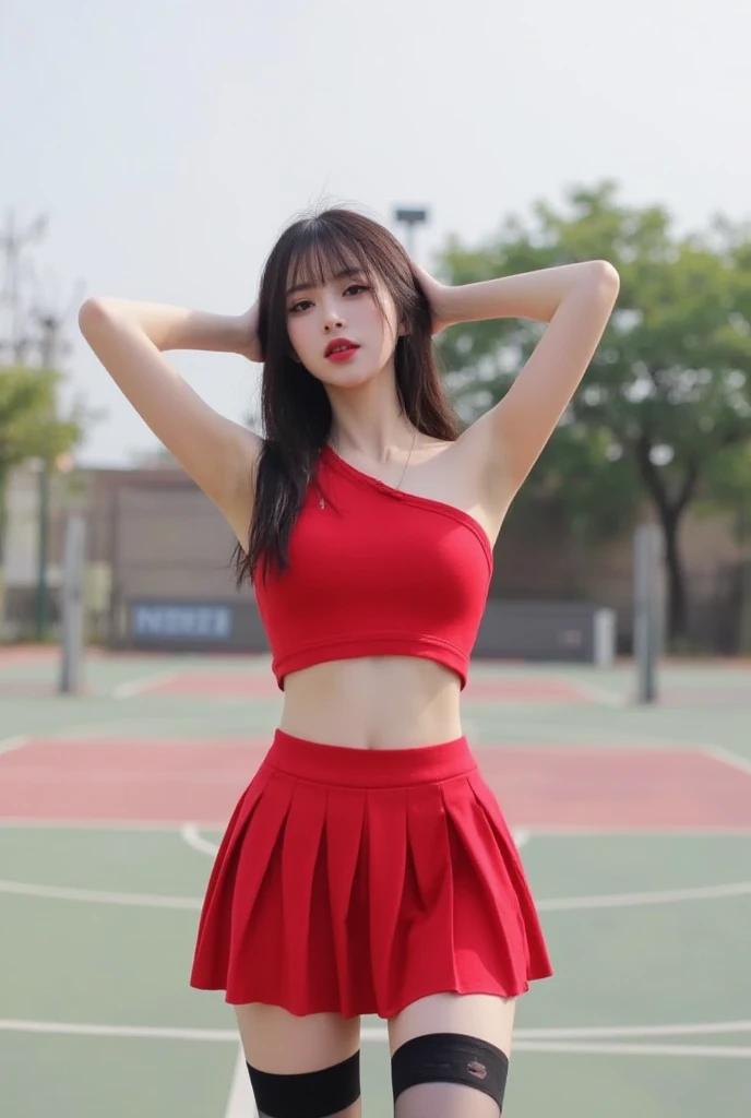 Masterpiece, high quality, high resolution, soft lighting, Beautiful woman, dark skin, asian, (red tank top :1.2), (red mini skirt with pleats ),(cheerleader outfit ),odango bun, auburn hair, neck tie, (thigh high stockings), large breasts,gigantic pumped ass,chubby cheeks,sexy pose, college auditorium