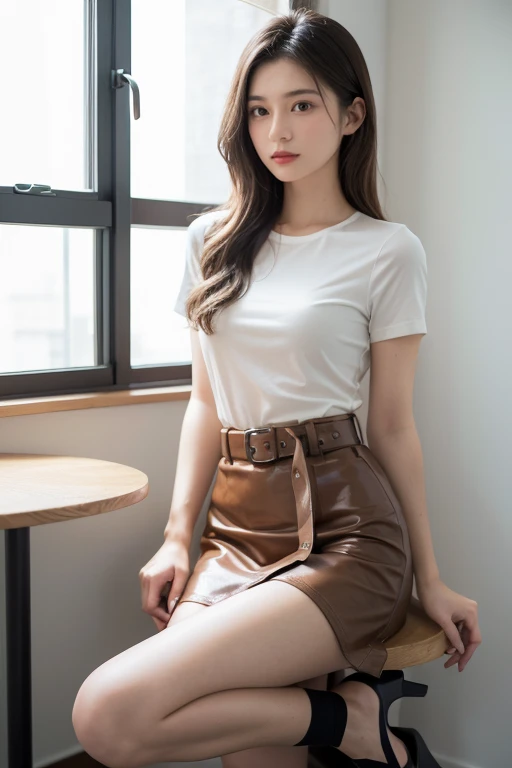 ((Highest quality, 8k)), ((masterpiece)), (Highest Resolution), Perfect Face, Woman with a raccoon tail, Female college student, Beautiful woman, public, ending, She has a thick tail, Big raccoon tail, She has a brown raccoon tail., She wags her tail, Embarrassed face,  she is wearing a short skirt, Beautiful Hips , Small breasts, The hem of the skirt is rolled up