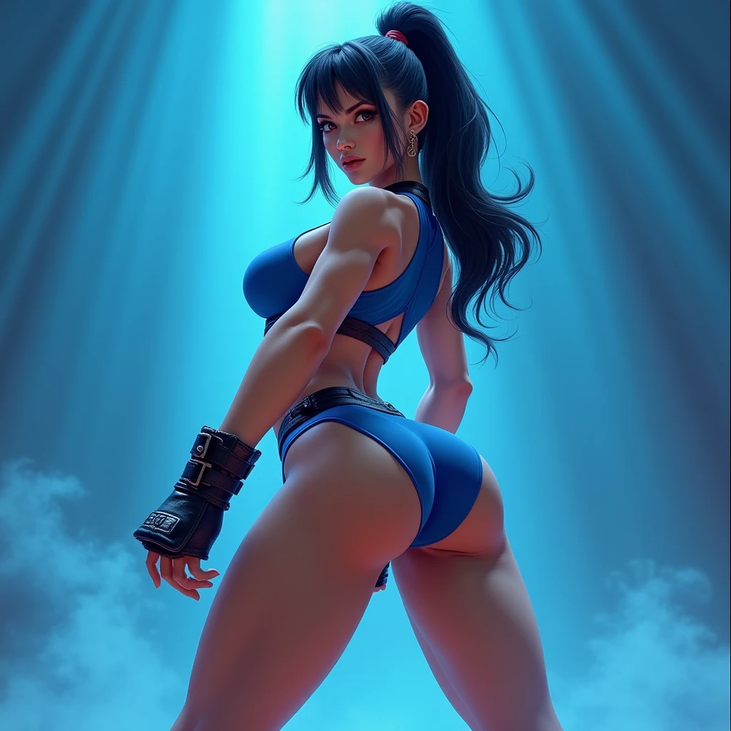 goku super saiyan,sexy woman version,chi ardiente, athletic,little clothing,dramatic glow,apocalyptic background, blue eyes, small and beautiful , traje  con el logo de goku, mujer hermosa, luna llena y grande en el fondo, dragon chino en el fondo,poderosa, Kamehameha,realista, obra maestra, hiperrealista, detalles perfectos