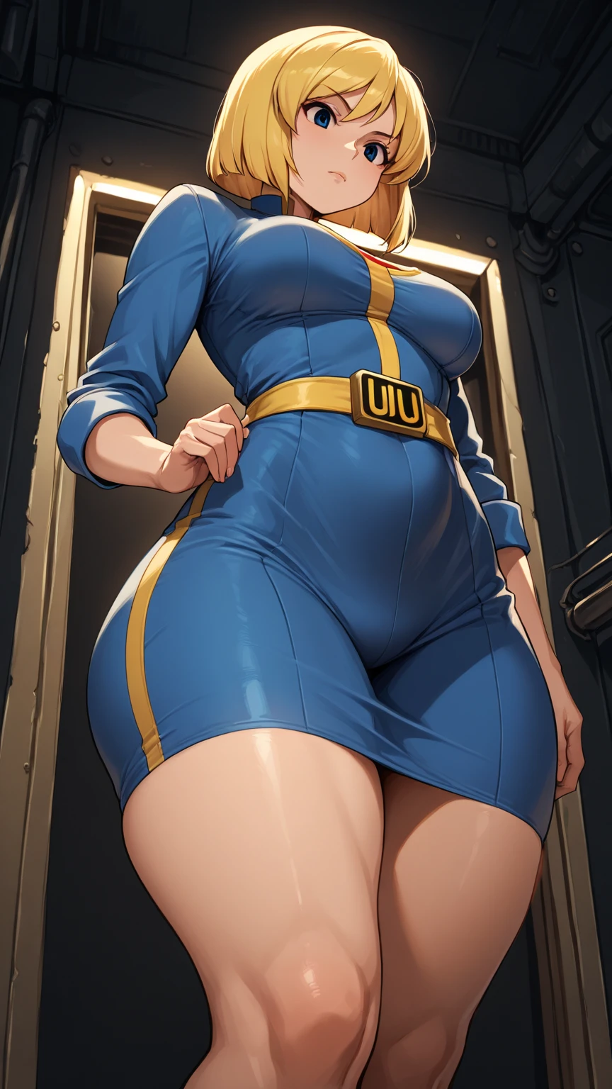(masterpiece quality1.1), (insanely sophisticated detailed1.2), (realistic detailed beautiful face1.3), (1girl), beautiful face, RAW photo, best quality, high resolution, (masterpiece), POV, blonde hair, skintight blue vault jumpsuit, fallout aesthetic, fallout 4, standing in Commonwealth wasteland, ((massive belly)), ((incredibly overstuffed belly)), (photorealistic:1.4), dynamic volumetric lighting, professional photography, sharp focus, HDR, 8K resolution, beautiful angular face, high rating, intricate detail, sophisticated detail, depth of field, detailed soft eyes, big eyes, chubby, soft fat, smooth skin, tight clothes, undersized clothes, (correct anatomy1.6), ((hyper swollen belly1.5))