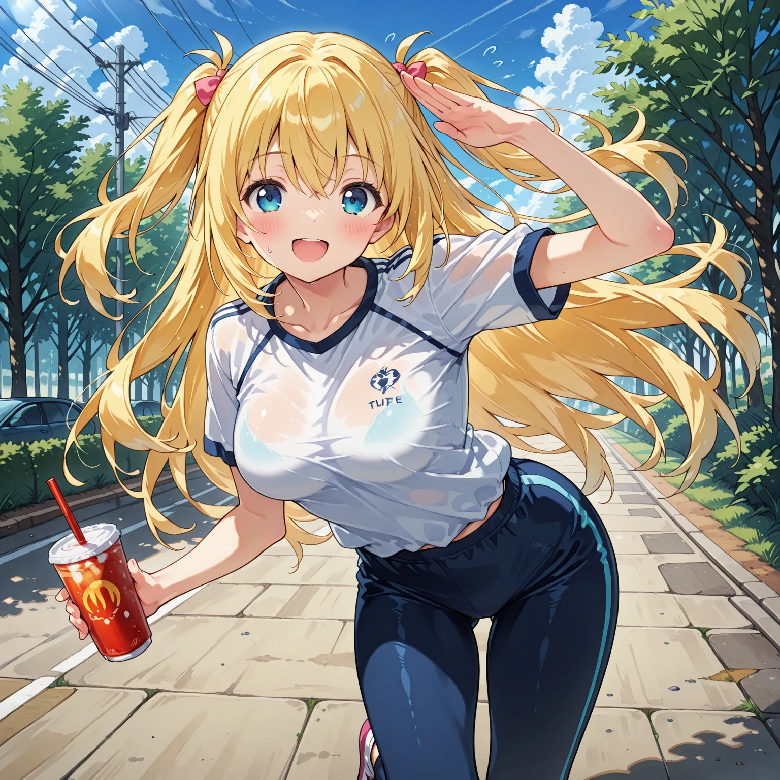 Marie Iraqi、Good looking girl (blush, Perfect Face), independent , Looking at the camera, masterpiece, Anime art style, Cute Characters, Most detailed, high quality、Nico Nico Smile、Cat ear、Orange Hair、Lolita、Small breasts、Gym suit、Running outside、sweating、白いGym suit、Short sleeve、Bloomers