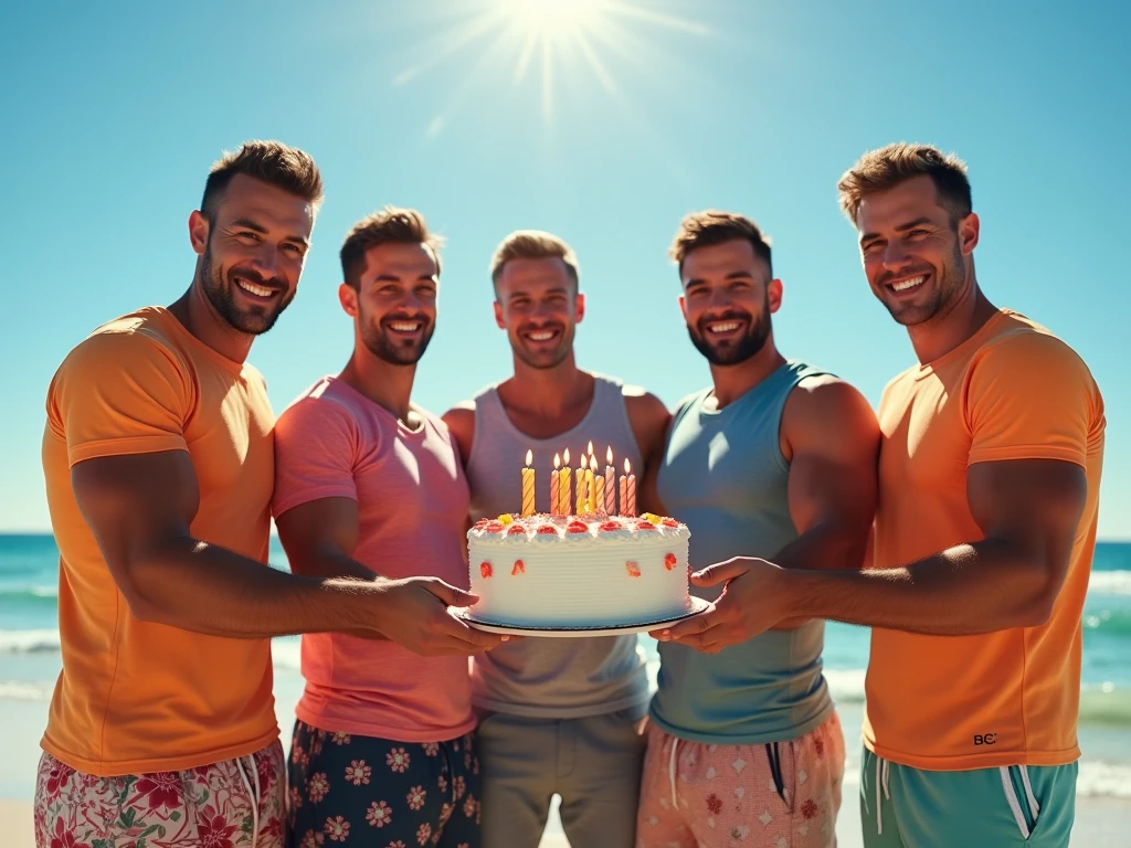 celebrate birthday on beach, (happy friends), 12 friends, (birthday cake:0.4), best quality, nude, masterpiece, Representative work, Professional, Ultra intricate detailed, 8k,  full body bald very masculine huge muscular with shaved head and  collar and huge protruding breasts, 12 six pack hunks, gay party