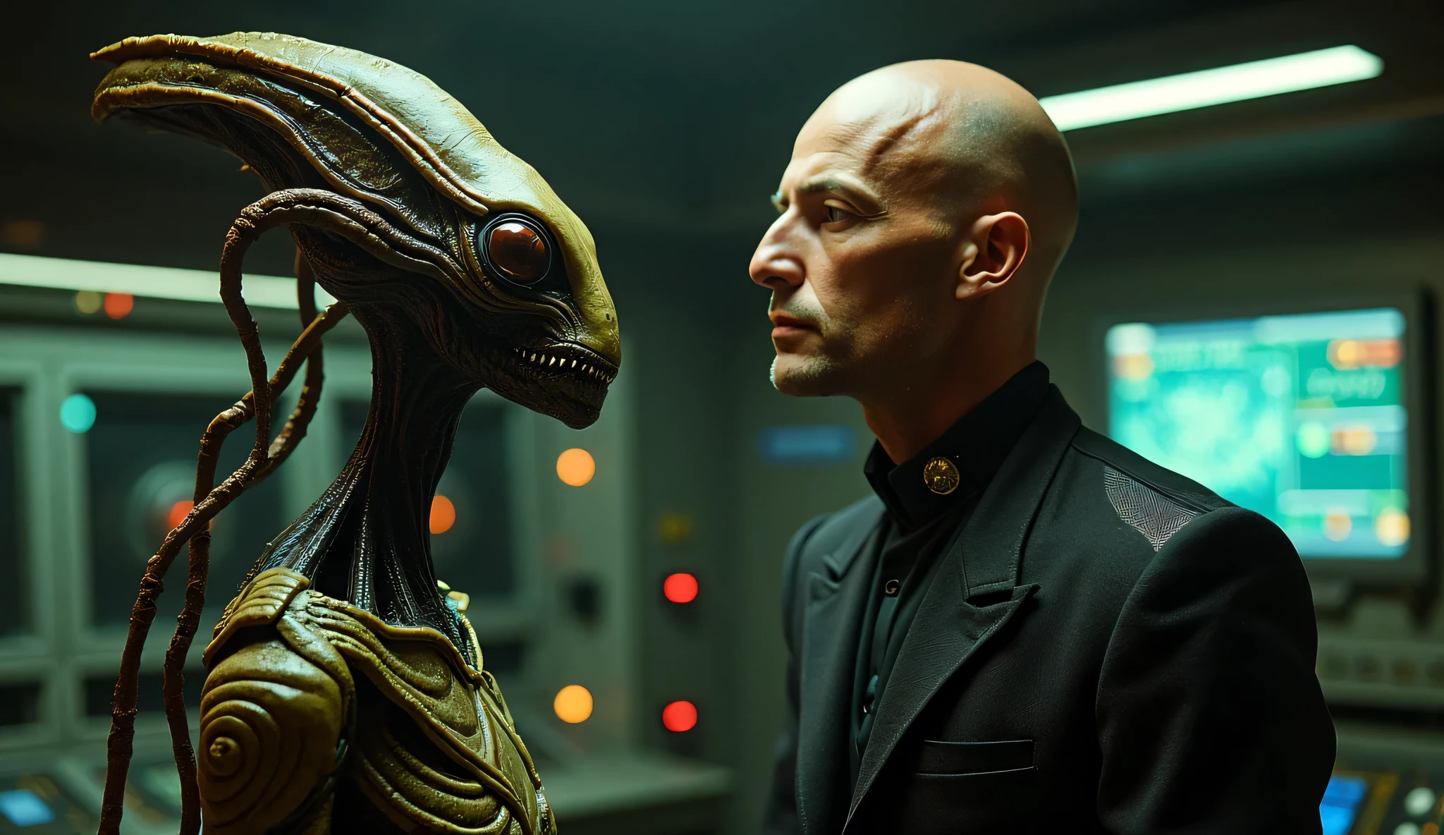 mesmerizing (realistic film still:0.95) with squinting organic android with face of Leonardo Dicaprio holding a glass jar with alien xenomorph facehugger in his outstretched hand, translucent (bio-luminescent tissues:1.05), (Voronoi pattern, depth of field, (swirly bokeh:1.275) :1.15), (complex futuristic background, lots of cybernetic apparatus:1.1), shiny glass, (rim lighting, low key light:1.15), celestial, ethereal, natural soft dreamy lighting, ((warm-yellow and deep-carbon:0.7), (cinematic look:1.15):1.15)