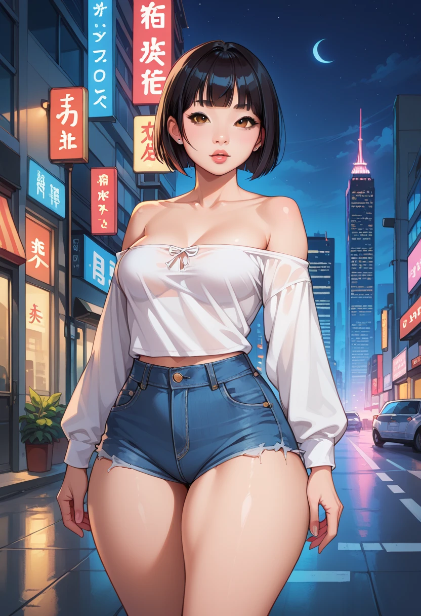 naughty girl, 19 years old, Panty shot, lift the skirt yourself, thick arms, sit down, show colored panties, in the city, outside, A village with lots of lights on the buildings々beautiful scenery, dreamy chinatown, Rainy night, ((heavy rain))), background blur, Backlight, tight collar t-shirt, skirt yourself, big, thick legs, The cleavage is visible from the top and bottom of the thighs., light that illuminates the subject, bob hair, Happily, A village with lots of lights on the buildings々beautiful scenery, dreamy chinatown, Rainy night, ((heavy rain))), My feet stick out from the frame