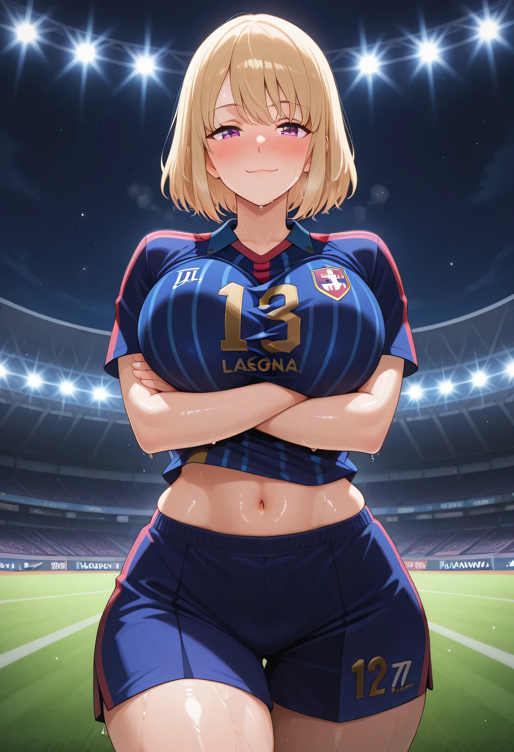 Photo of a mature malay female teacher with saggy breasts, (((keeping the goal))) in the middle of(soccer field), 40yo,busty body, tall body, tanned skin, dimples, light, detailed face, embarrassed face, ((looking disgusted)), ((very angry)), (dissapointed), ((hands raised up)), Perfect breasts, big breasts, natural breasts, G cup, (((brown hijab))),(((glasses))), (nude), ((sorella underwear))), (((america flag sorella bra))), (((america flag sorella panties))),(((goalkeeper gloves))), (sweat)