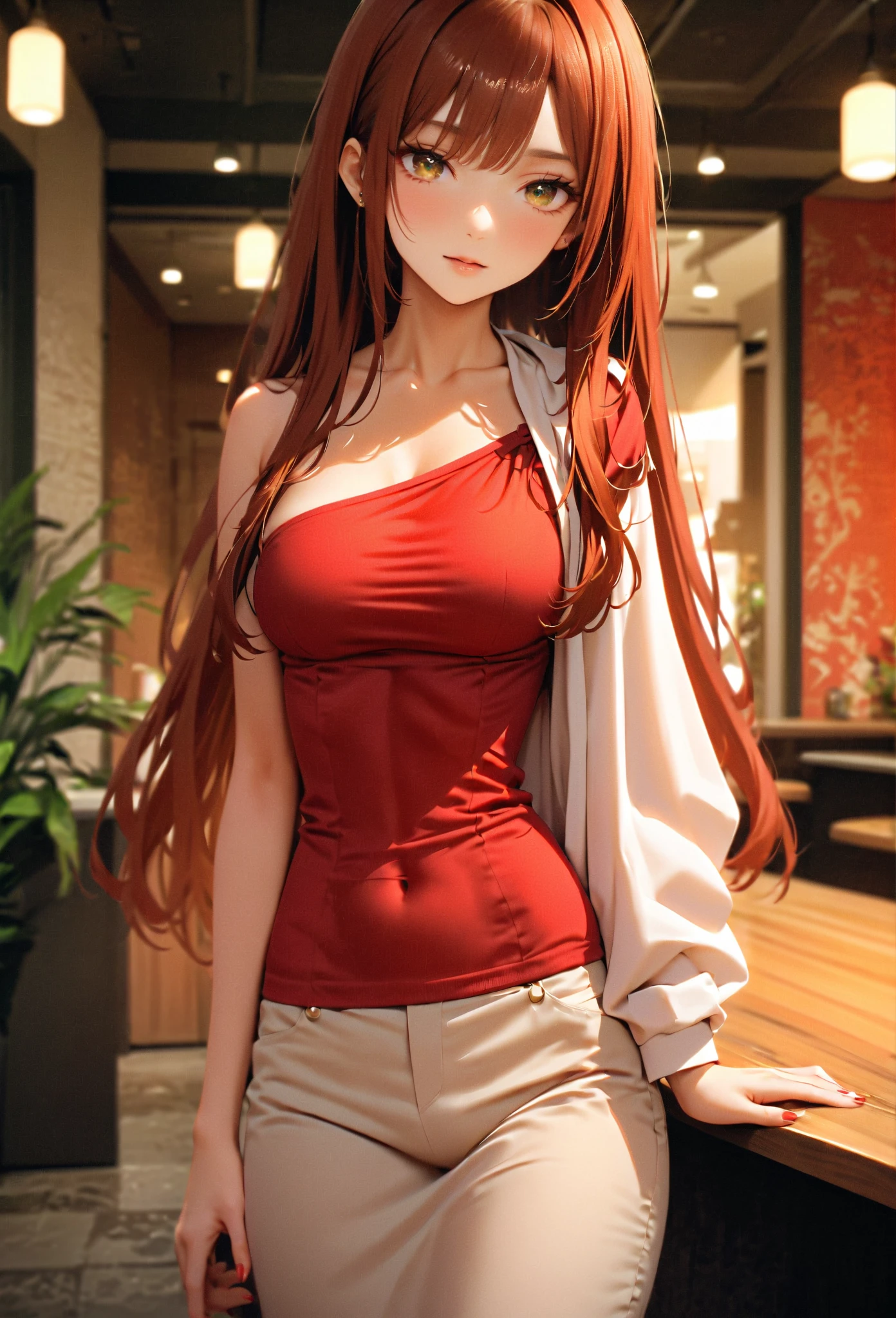(best quality), 1girl, female, honey toned skin, chestnut hair, long hair, slightly wavy hair, brown eyes, perfect eyes, freckles, red clothes, , slender, small bust, smile, masterpiece, anatomically correct, highres