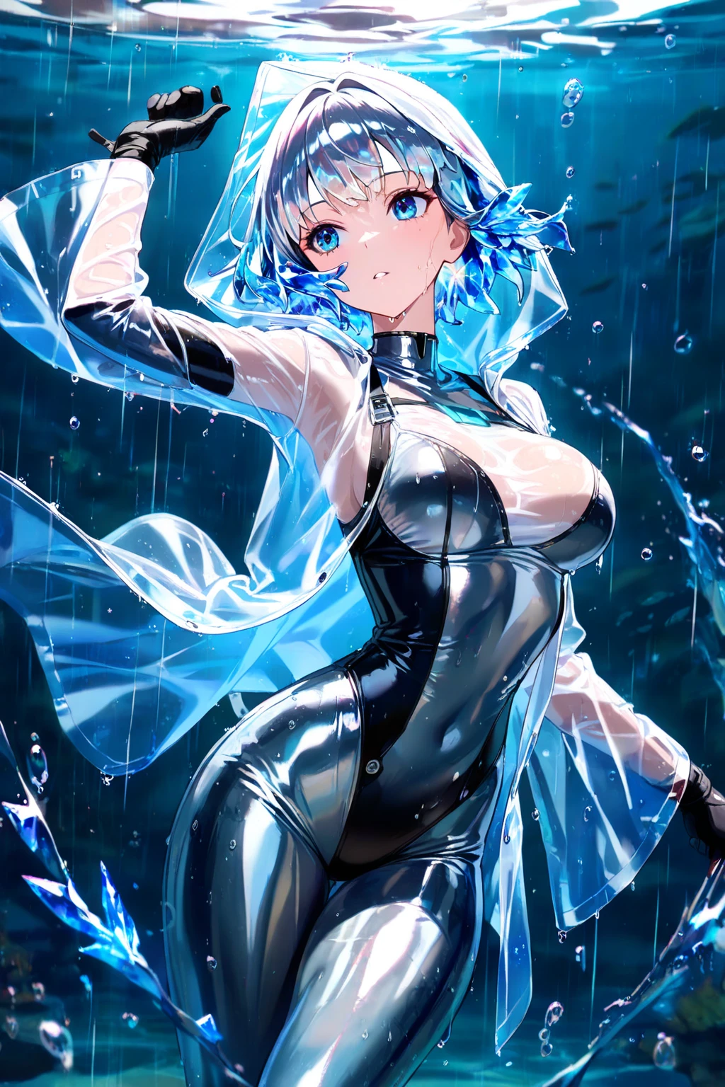 1girl,solo,super detailed skin,shiny skin,expressionless face,blue hair,hair over one eye,half open eye,eyelashes,lips gloss,side ponytail ,large breasts,fullbodysuit,fishnet arms,cleavage cutout,ninja clothes ,cowboy shot,water magic,simple background,masterpiece,best quality,ultra detailed,high resolution,sharp focus