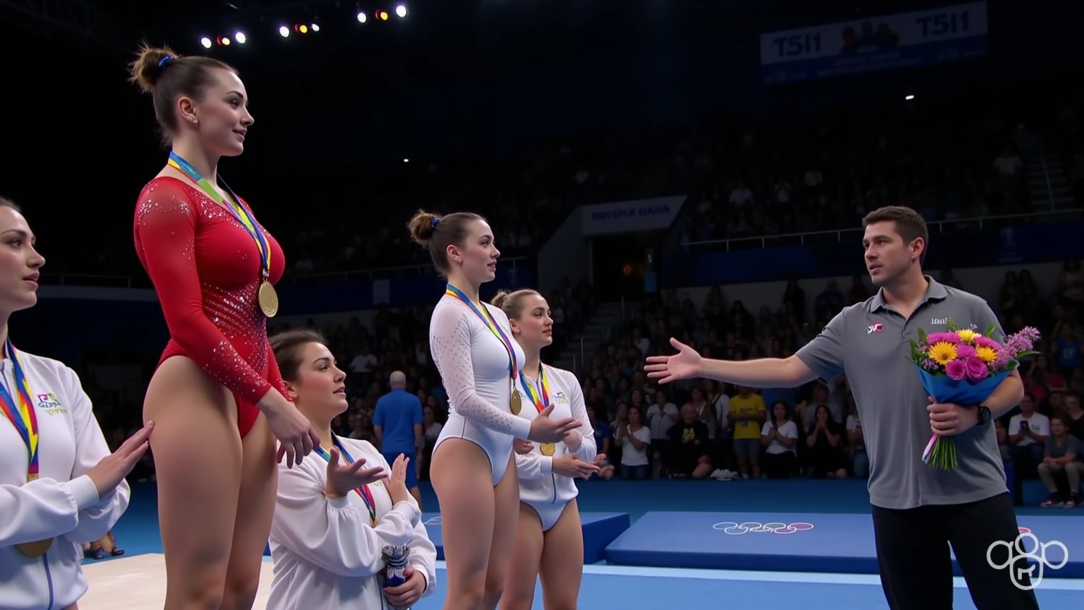 Hot, Young, and muscular gymnast girl throat lifting her male coach with one arm. She stands in front of a balance beam in a stadium as the crowd cheers. The male is mortified as his feet dangle off the ground.