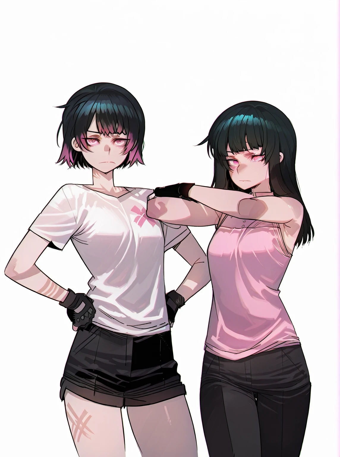 Sports Bra、High leg shorts、Short black hair、Martial arts ring match、I&#39;m in a hurry、Slender body、Shortness of breath with open mouth、Very sweaty and wet、Poor body、Small breasts、Open Finger Gloves、Cute Japanese 、He is punching desperately at a muscular female athlete who is using her arms to guard her body.、