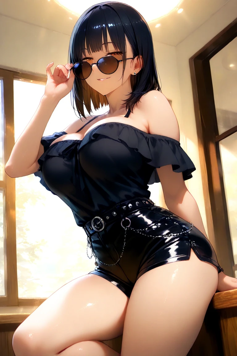 Anime girl with dark cabelo azulado in denim shorts and a pink corset, 16 anos, Corpo bonito, peito grandes, with hands on waist, hands in her hair, garota sexy, cabelo azulado, side locks of hair with pink bow, locks of hair with a bow on the side of the face, beautiful lighting, sombras suaves, olhos castanhos, pernas bonitas tonificadas, cabelo curto, estilo anime, hand on the waist, hand in hair, character Akane Tendo, Autor Rumiko Takahashi, Baseado em uma obra de Rumiko Takahashi, Anime Ranma 1 / 2, decote sexy, quadris robustos, Corpo todo, Corpo todo, Grande busto, young girl with nice and Corpo bonito, sandals nos pés,  de 16 anos, vestindo shorts jeans e espartilho rosa,  anime, estilo anime, lindos pés em sandals, 45° viewing angle, ao ar livre, peito grande, Seios lindos, cabelo preto, sandals nos pés, lindas pernas, sexy, lindas pernas, sandals, peito grandes, Corpo todo, Corpo todo, pés com sandals, Grande busto