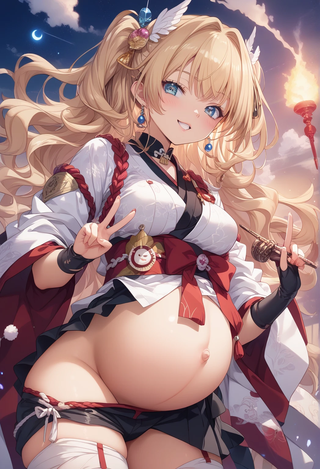(Insanely detailed super accurate anime illustration),ultra cool girl character,demon queen, pregnancy, Sexy Red maternity dress, black cape,blonde long drill hair,cute huge belly,laugh,