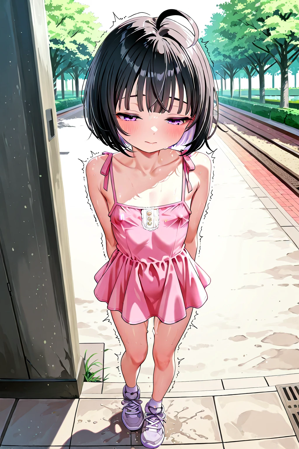 top-quality、Full limbs、complete fingers、Slender beauty、Pink shorthair、Pink School Swimsuit、Small eyes、Idol、Pin bangs