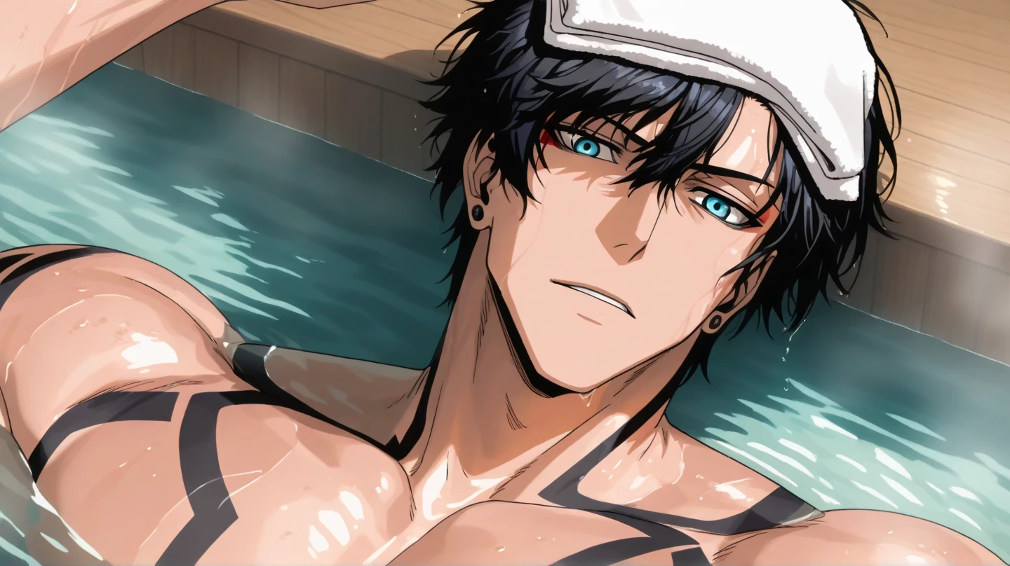 Wearing black swimming trunks、Cartoon boy wearing sunglasses standing in water, Cool anime poses, The handsome guy in Demon Slayer, Tall anime man with blue eyes, muscular!!, Shirtless :: High Detail, Shirtless, Anime handsome man, 4k comics wallpaper, male anime character, Perfect body, Super charming and cool, murata and artgerm series, shining wet skin!!