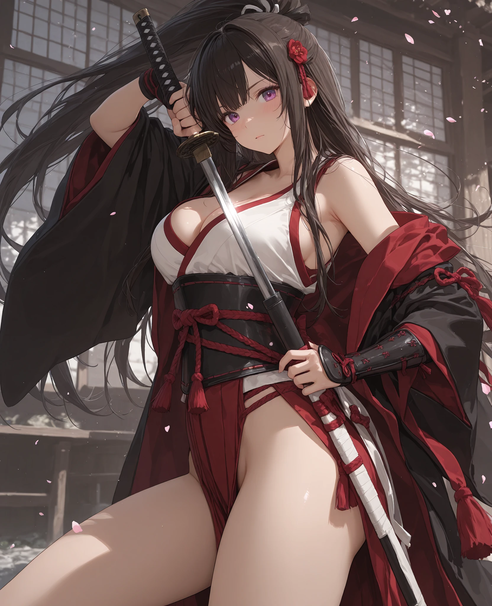 ((masterpiece)), best quality, extremely detailed face, ultra high res, (photorealistic:1.4), Amazing, finely detail, huge filesize, correct exposure, ((masterpiece, top quality, super definition, high definition)), solo, cinematic lighting, detailed outfit, rich in details, ray tracing ultra detailed, (1woman:1.3), (Japanese snowy forest landscape:1.3)side view, sharp focus, long black hair (curly hair)brown eyes, scars on her face, dark skin woman, wolf tail and ears, fantasy, holding a long black red white katana, small breast, shogun, Anime style, masculine body, flowing dark blue kimono adorned with red, white, fur, and black detailing. traditional geta footwear, ancient Japan, armor pad, red moon (Dark skin woman)