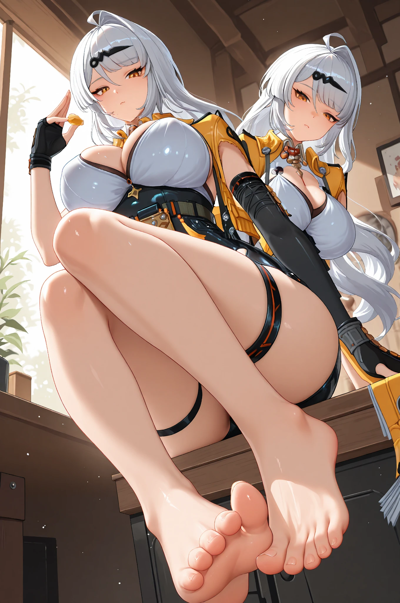 Two photos of women in black and white lying on bed, fine details, Top rated on Pixiv, Extremely detailed artger, Pixiv 3DCG,