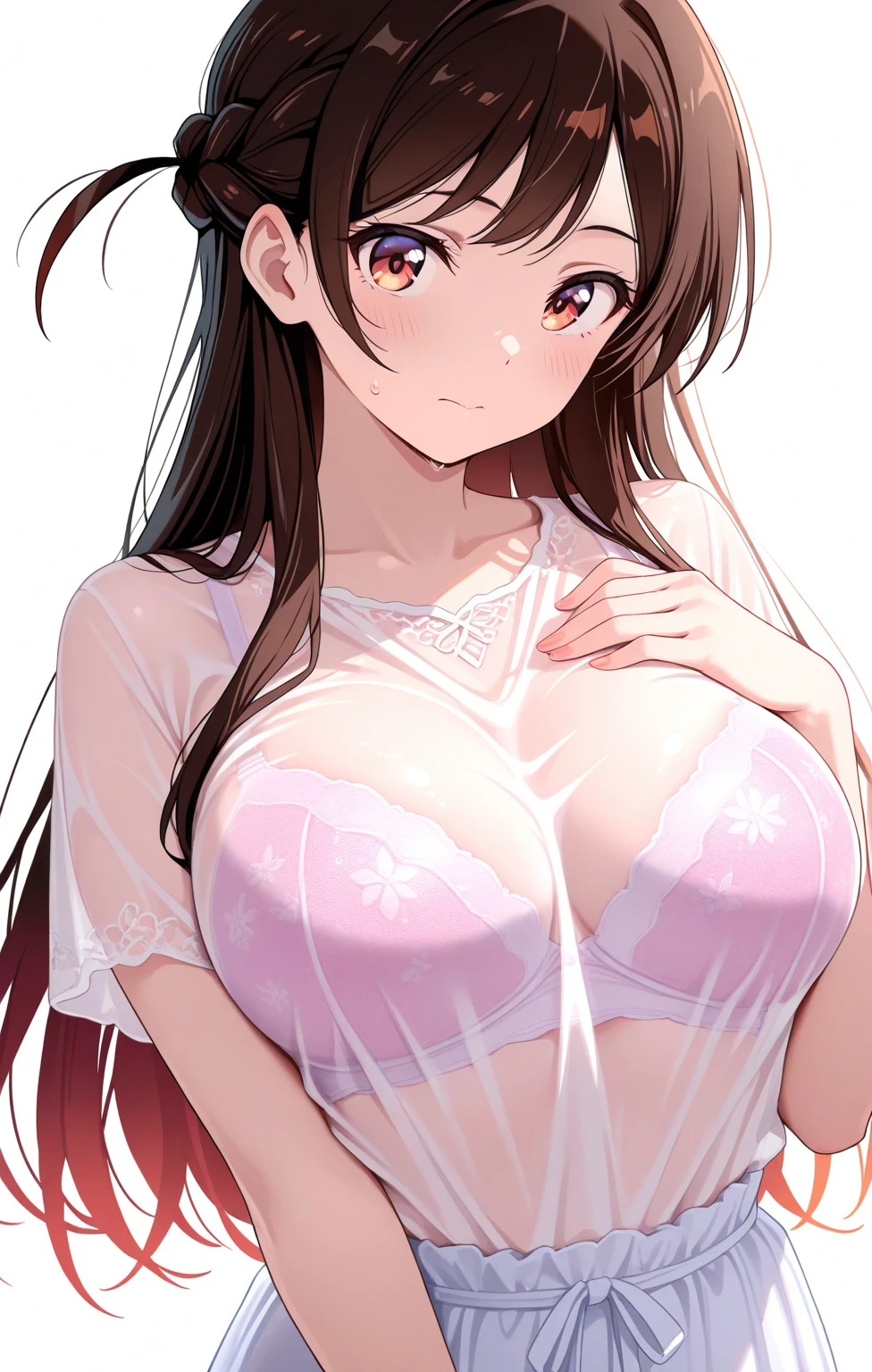 a sexy anime girl with brown wavy hair, in a white see through shirt, in a white bikini bottom, standing in a bathroom, lewd,